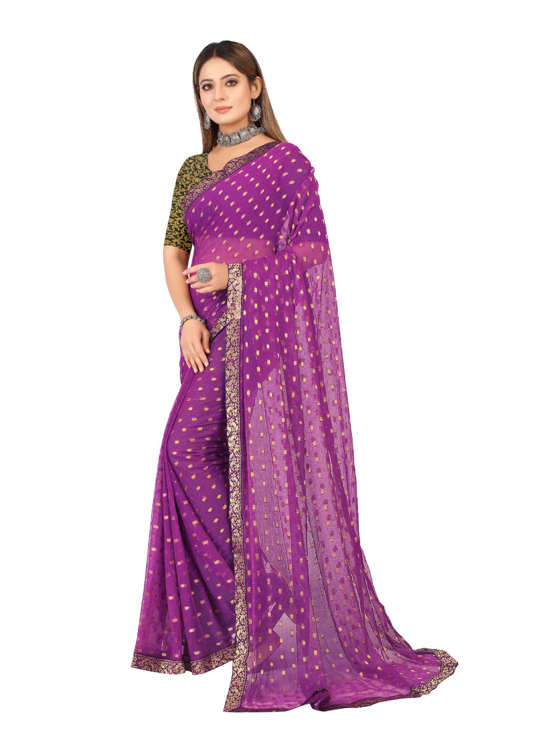 Women's Festive Wear Woven Zari & Lace Border Work Chiffon Saree (Purple)