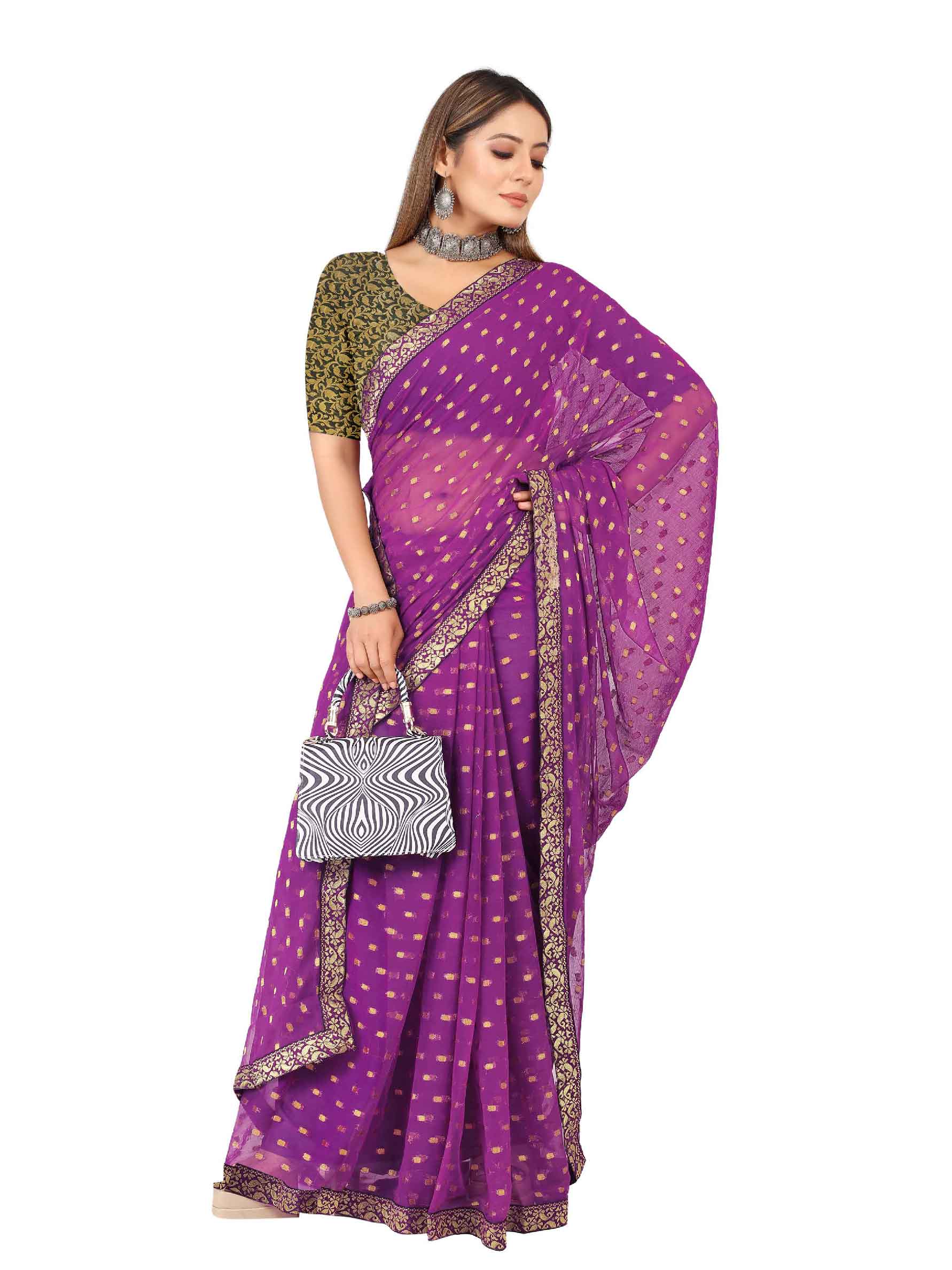 Women's Festive Wear Woven Zari & Lace Border Work Chiffon Saree (Purple)