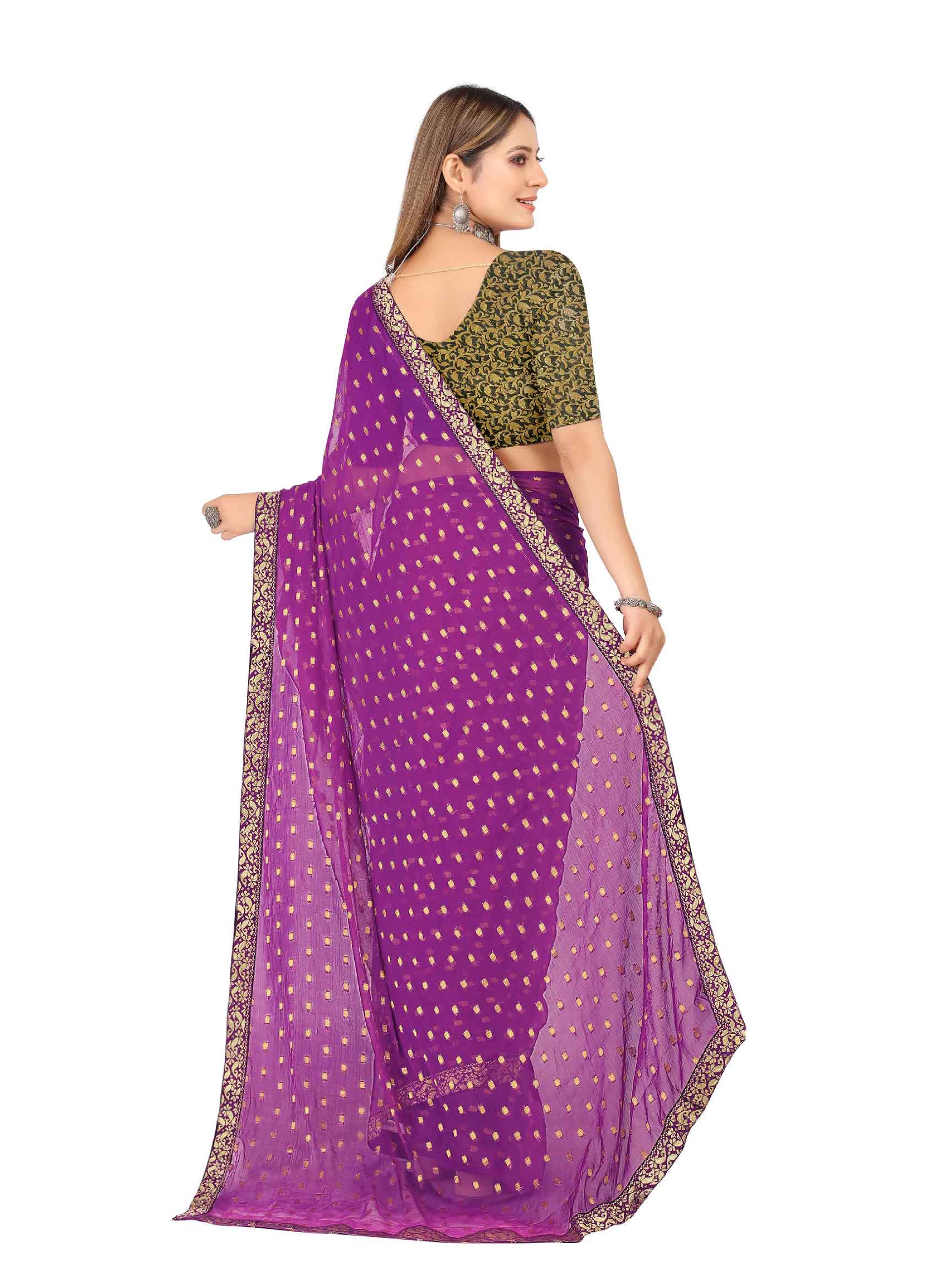 Women's Festive Wear Woven Zari & Lace Border Work Chiffon Saree (Purple)