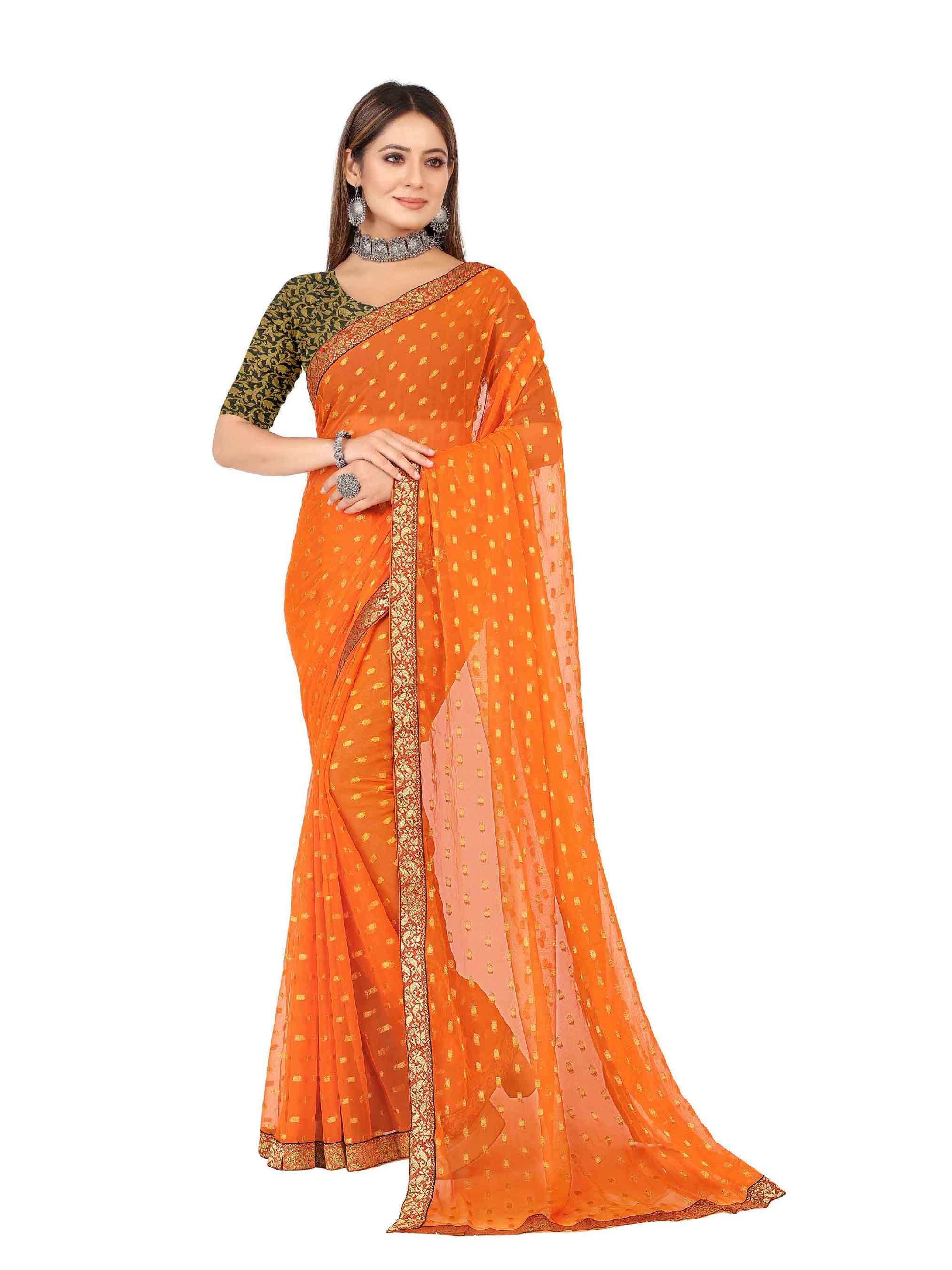 Women's Festive Wear Woven Zari & Lace Border Work Chiffon Saree (Orange)