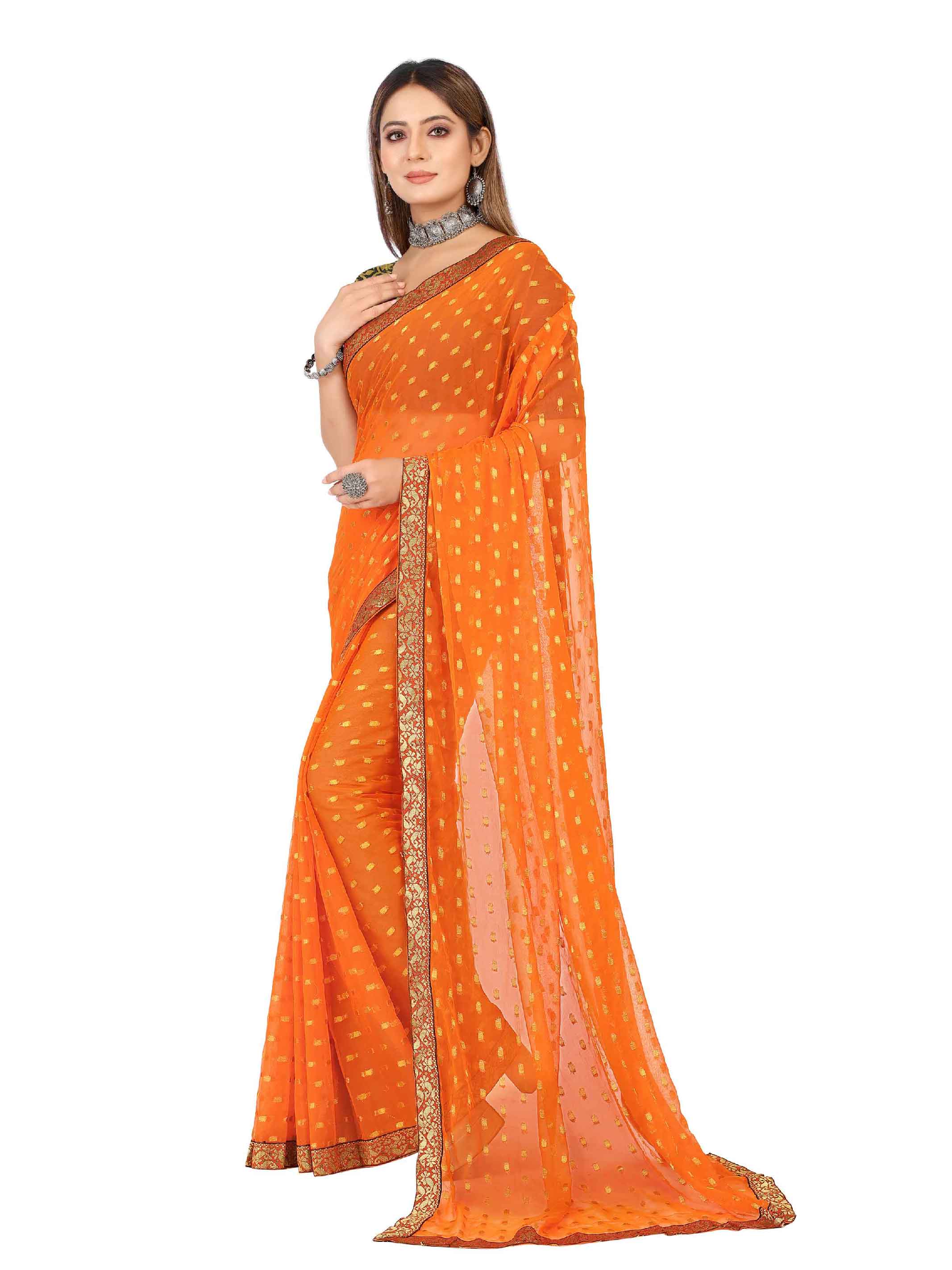 Women's Festive Wear Woven Zari & Lace Border Work Chiffon Saree (Orange)