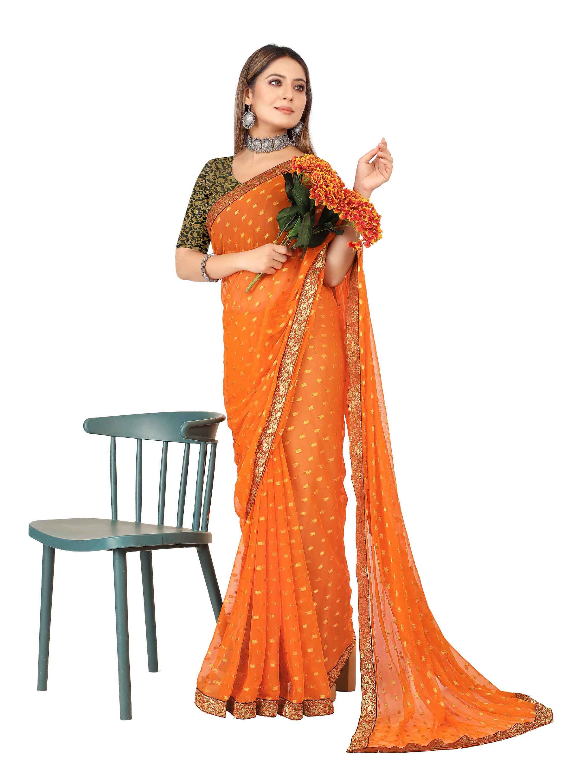 Women's Festive Wear Woven Zari & Lace Border Work Chiffon Saree (Orange)