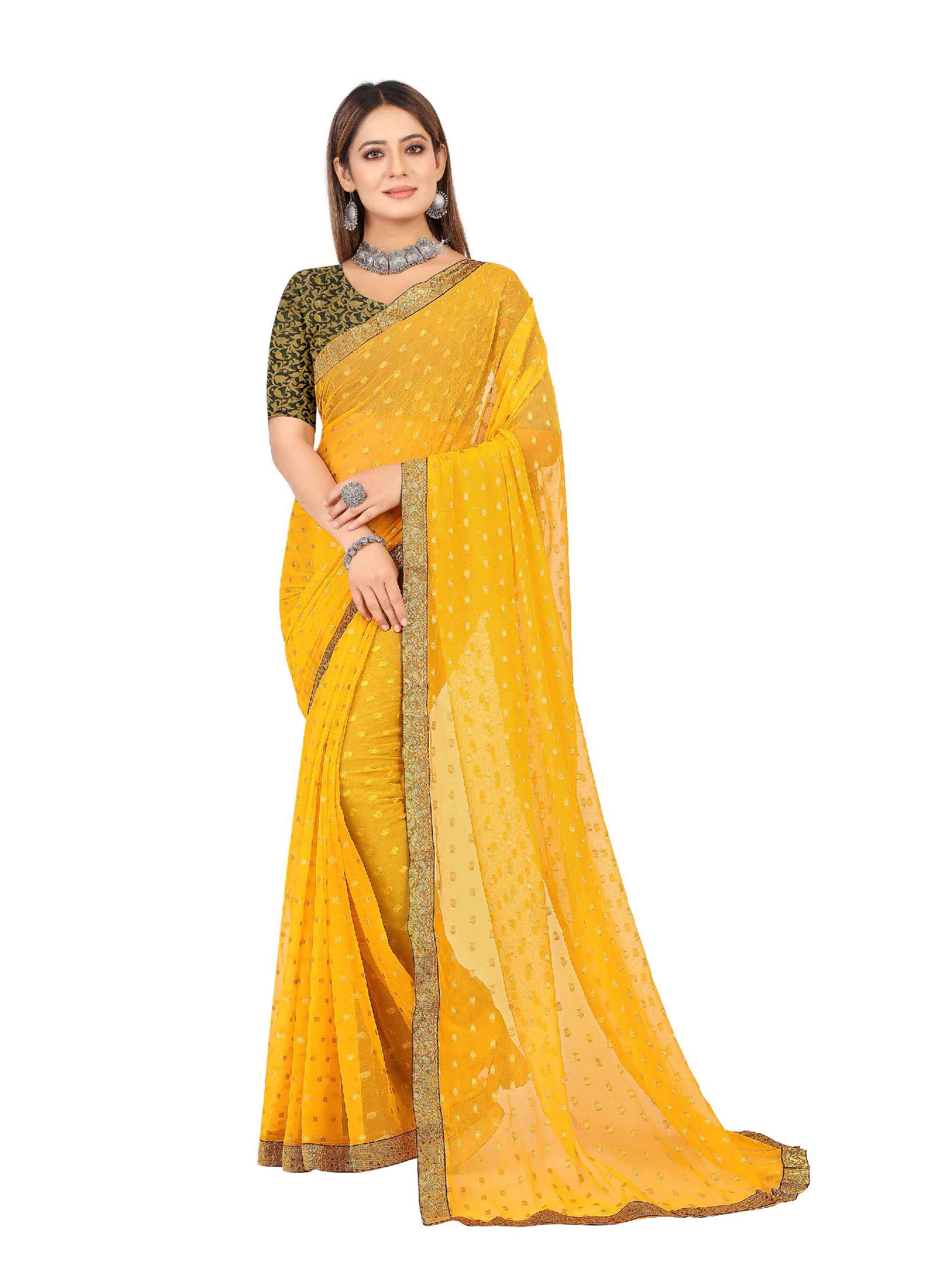 Women's Festive Wear Woven Zari & Lace Border Work Chiffon Saree (Yellow)