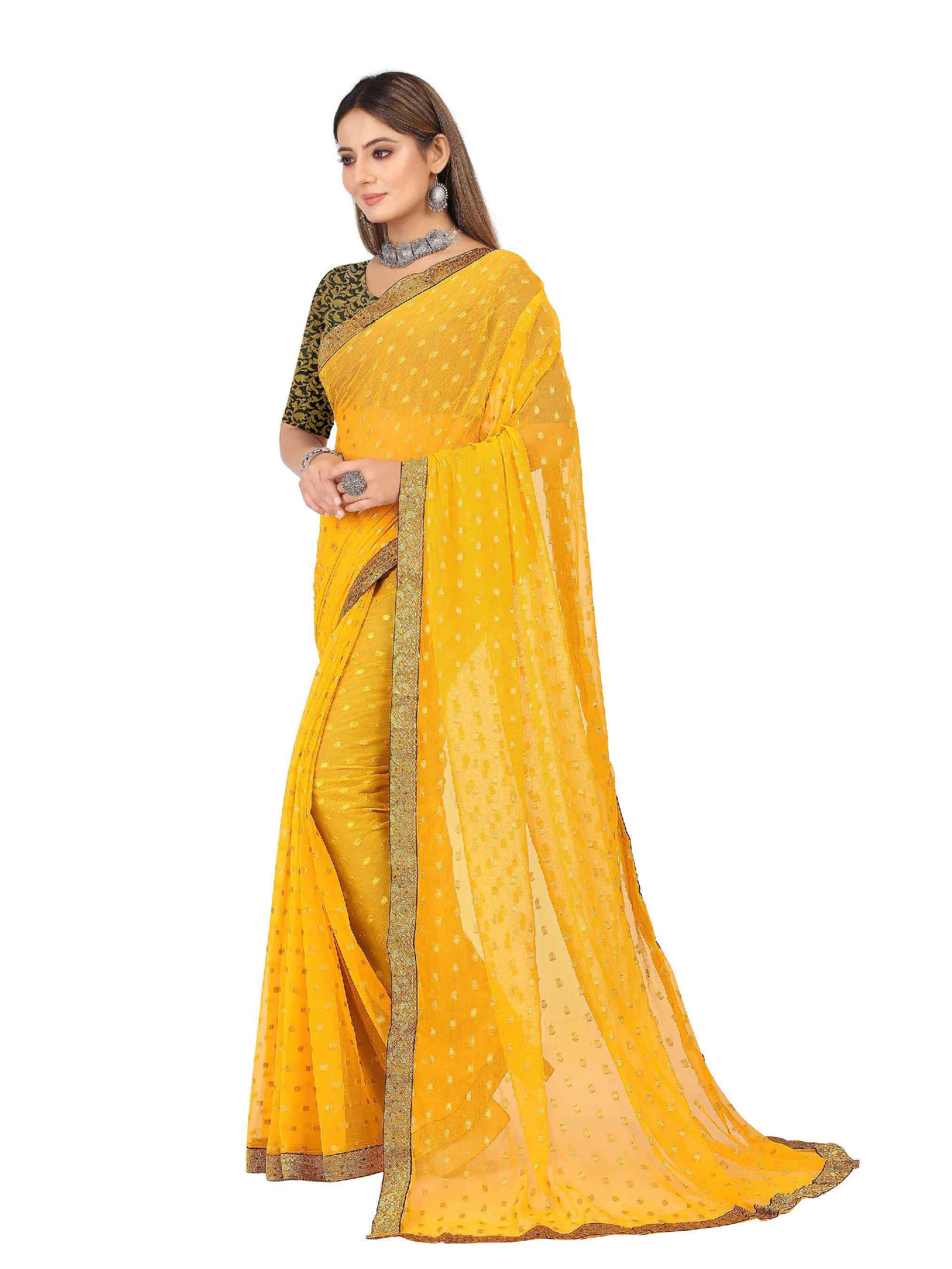 Women's Festive Wear Woven Zari & Lace Border Work Chiffon Saree (Yellow)