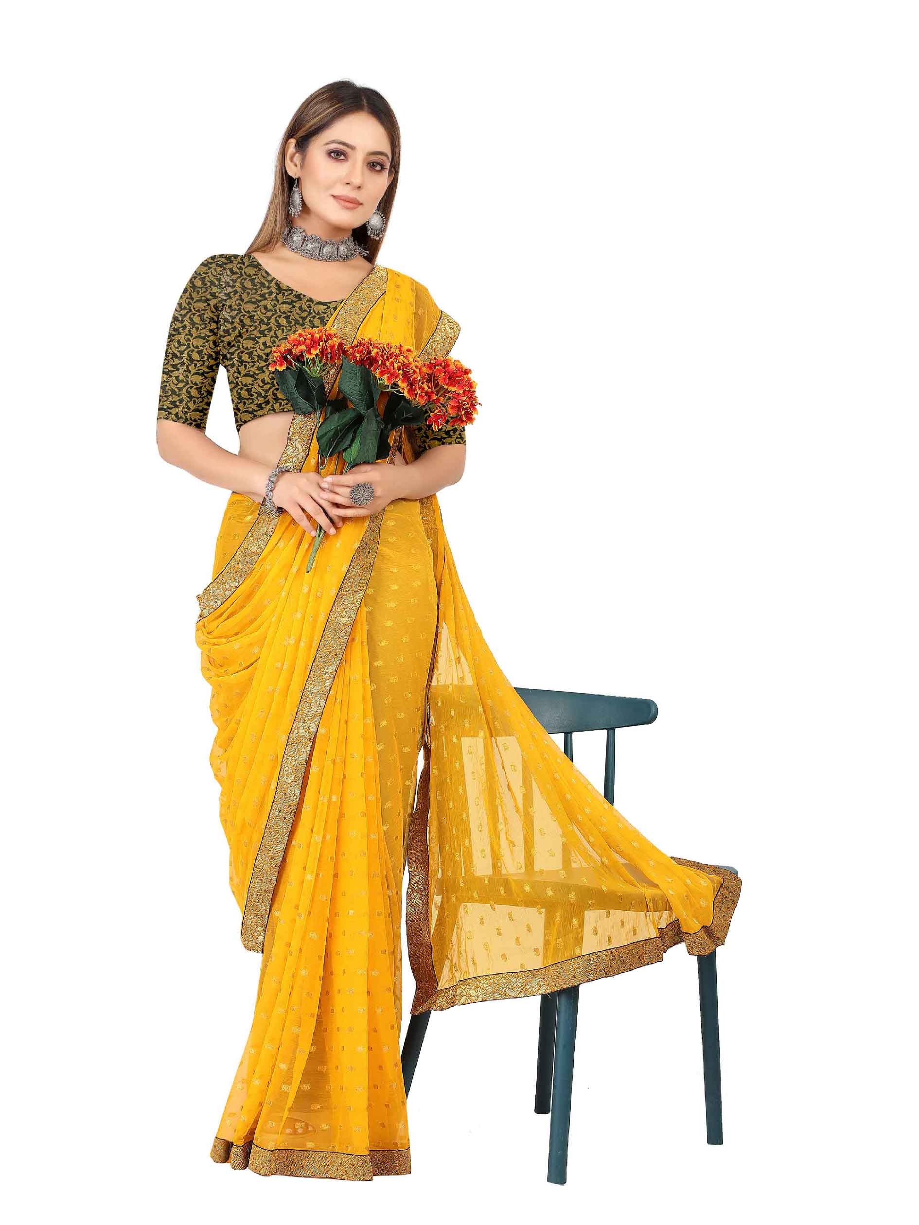 Women's Festive Wear Woven Zari & Lace Border Work Chiffon Saree (Yellow)