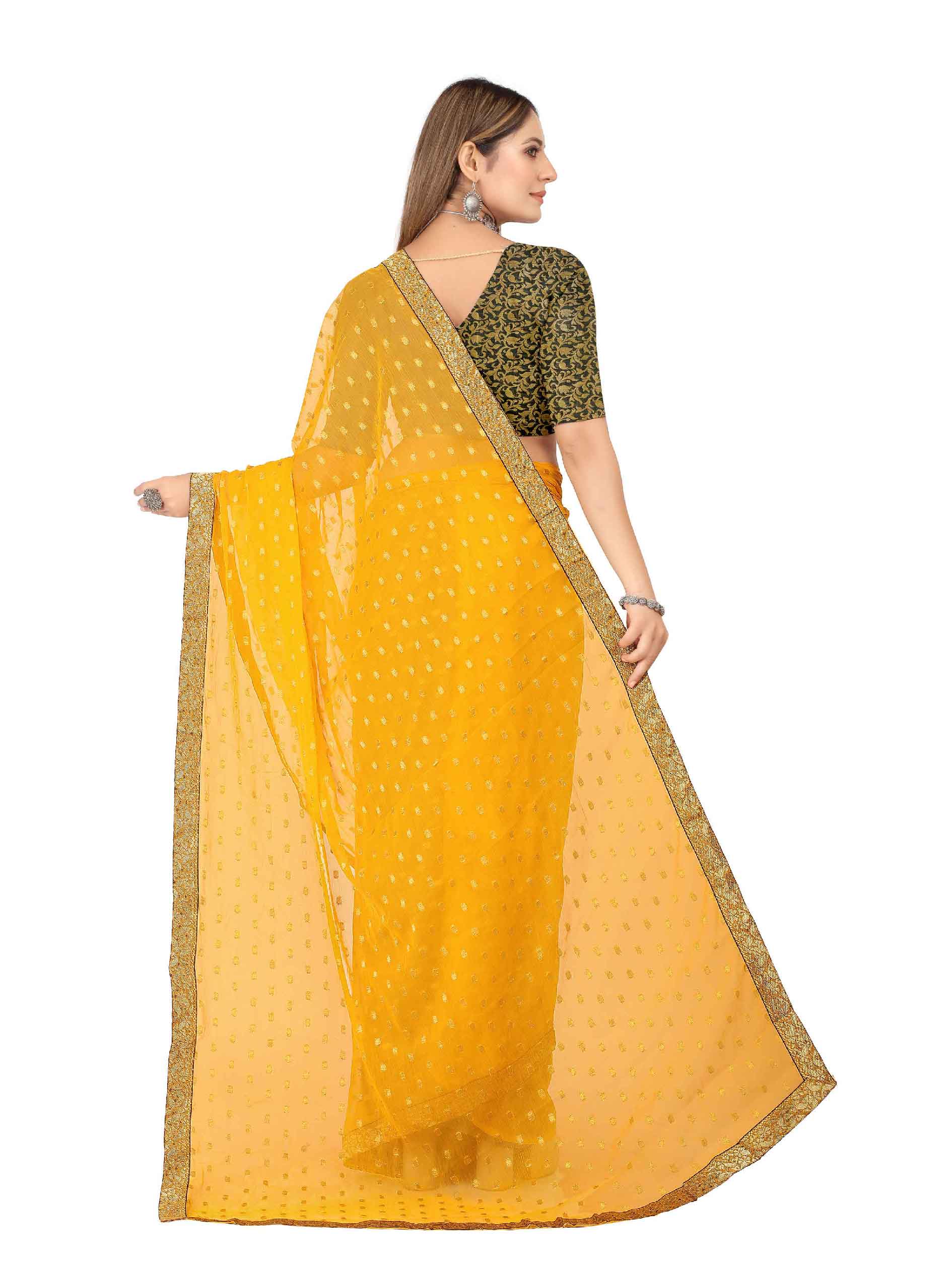 Women's Festive Wear Woven Zari & Lace Border Work Chiffon Saree (Yellow)