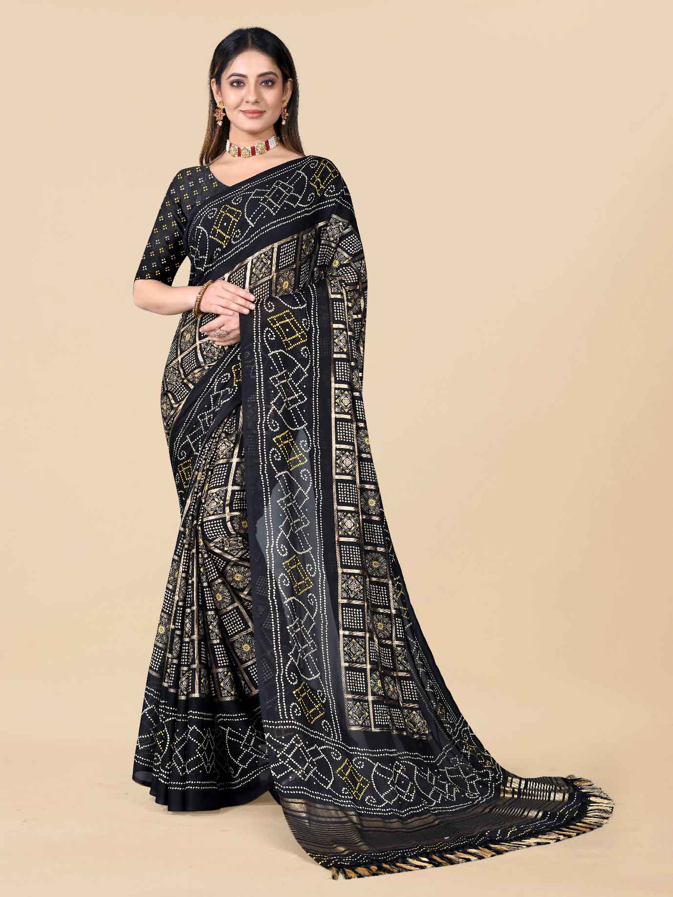 Women's Festive Wear Bandhani Printed Black Chiffon Saree With Blouse