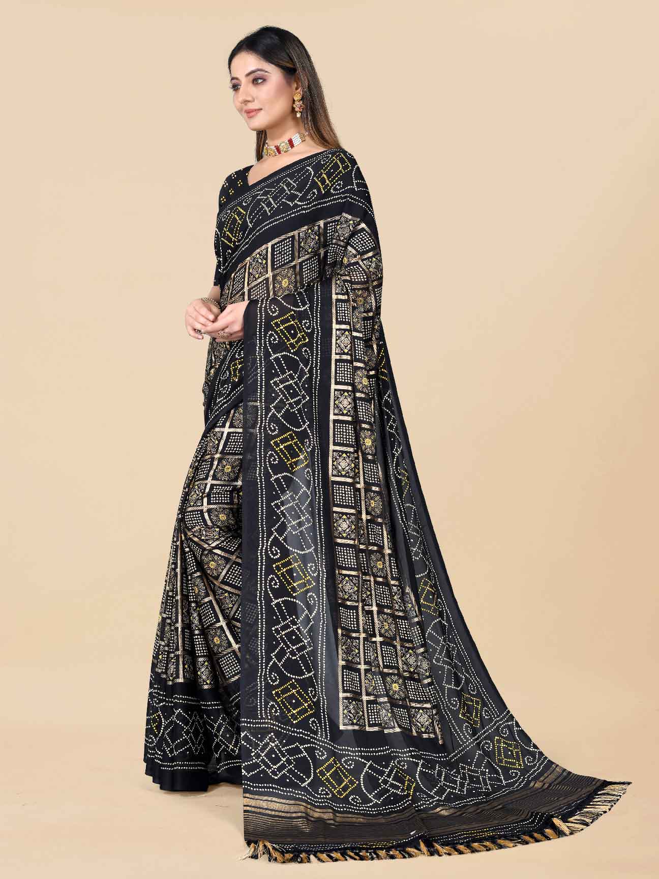 Women's Festive Wear Bandhani Printed Black Chiffon Saree With Blouse