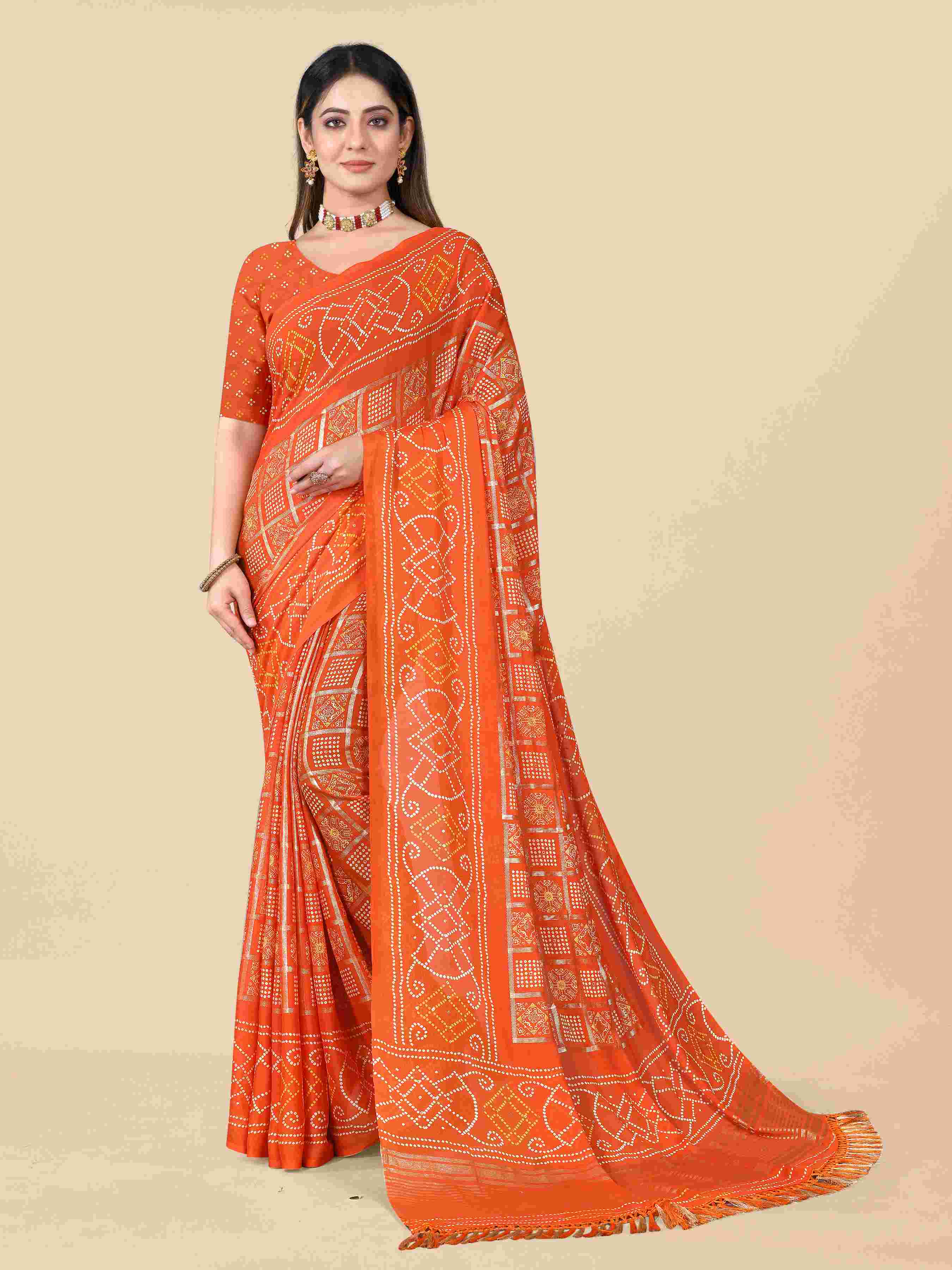 Women's Festive Wear Bandhani Printed Orange Chiffon Saree With Blouse