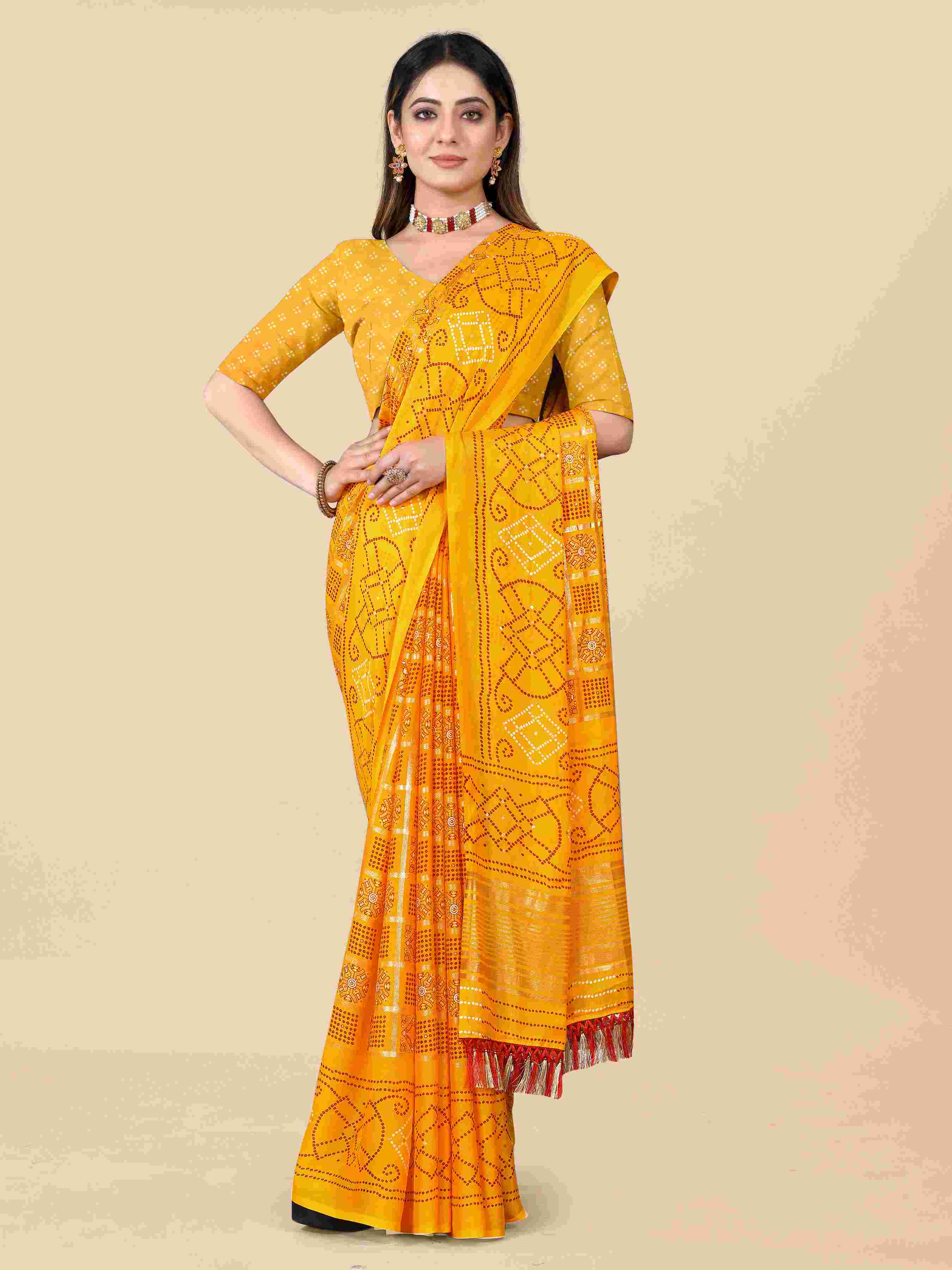 Women's Festive Wear Bandhani Printed Yellow Chiffon Saree With Blouse