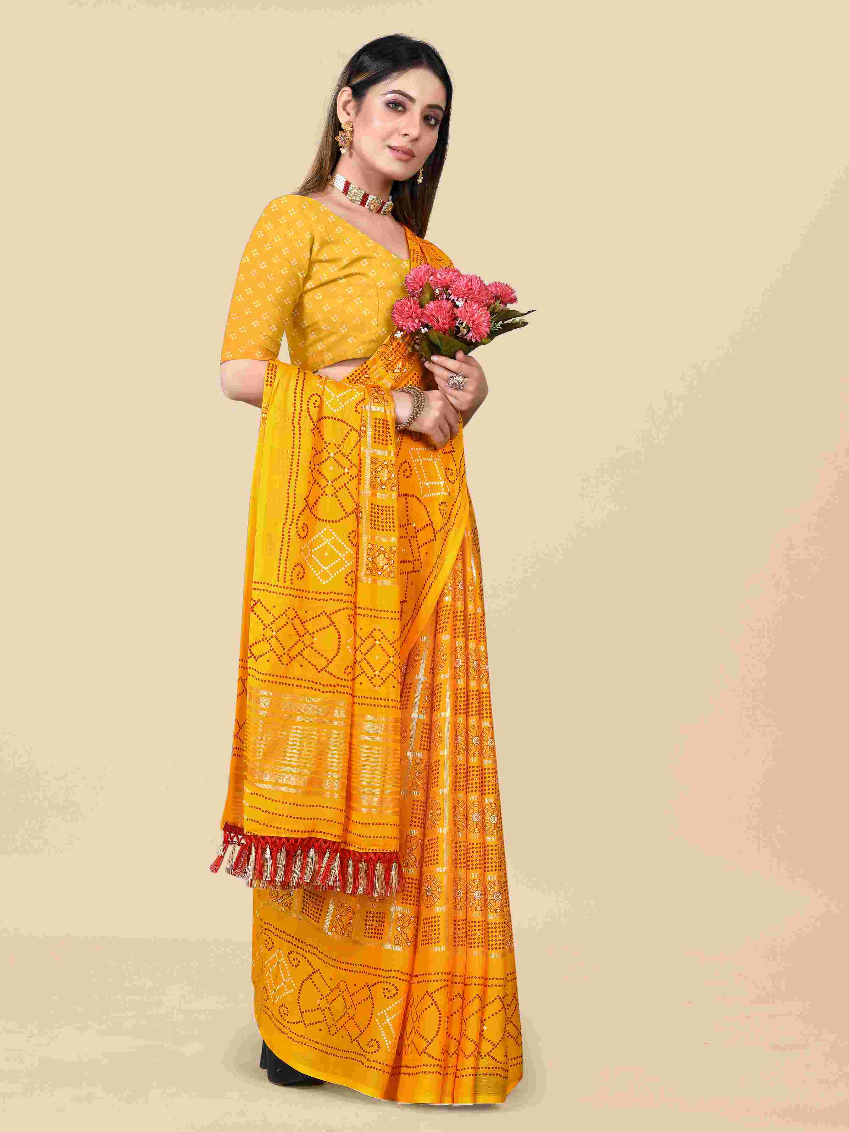 Women's Festive Wear Bandhani Printed Yellow Chiffon Saree With Blouse