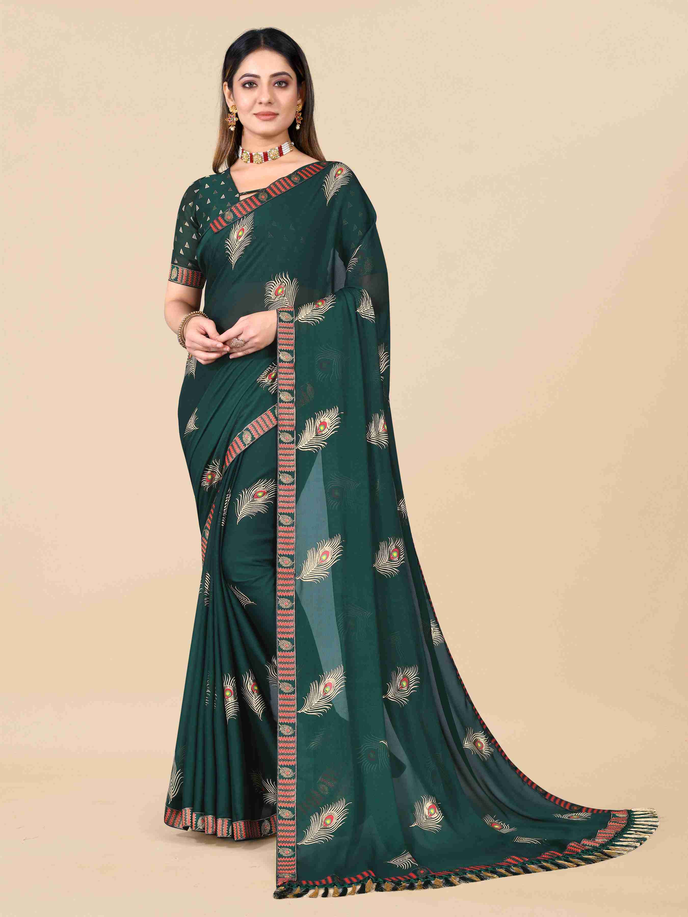 Women's Festive Wear Foil Printed Dark Green Georgette Saree With Blouse