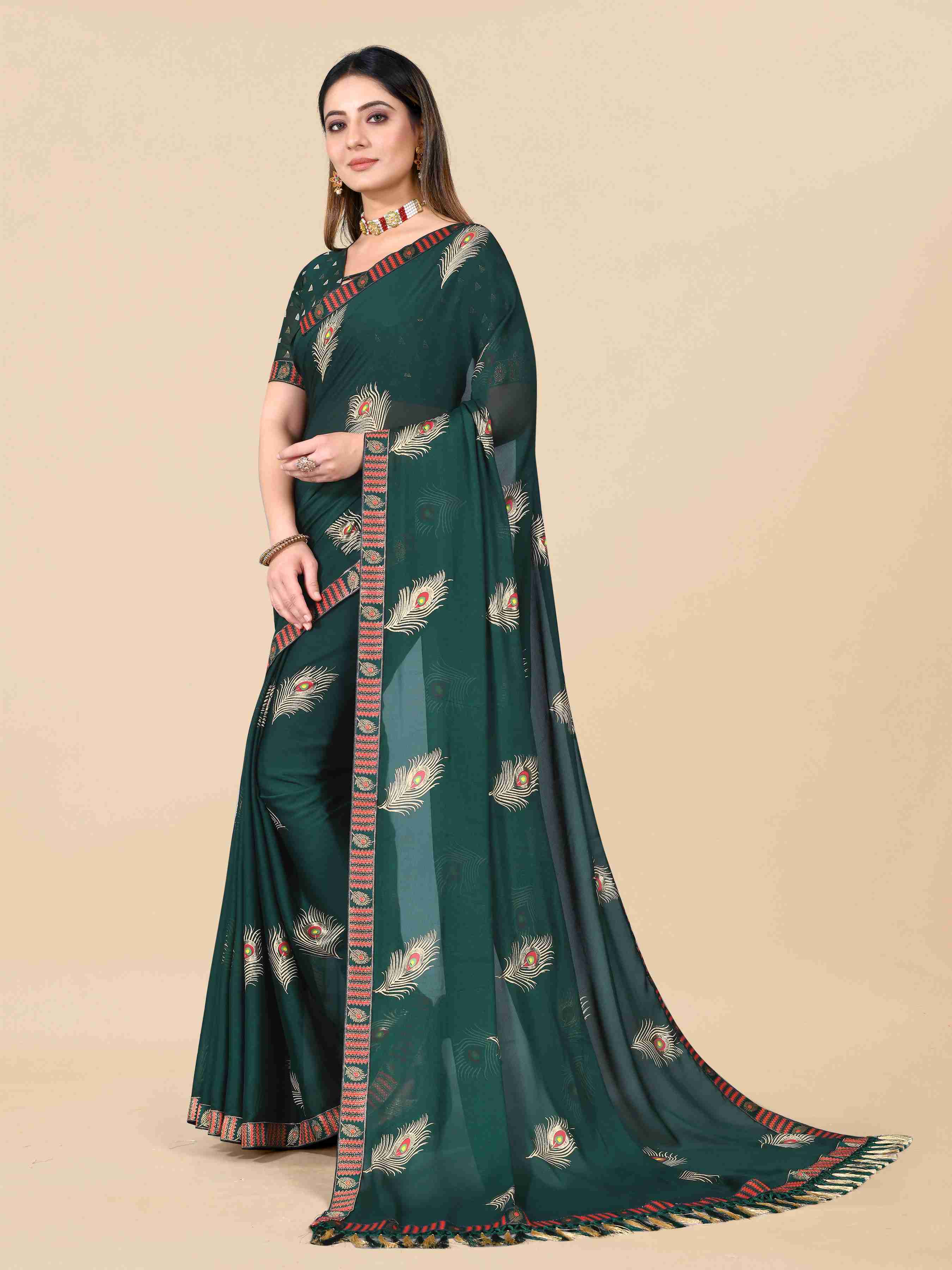 Women's Festive Wear Foil Printed Dark Green Georgette Saree With Blouse