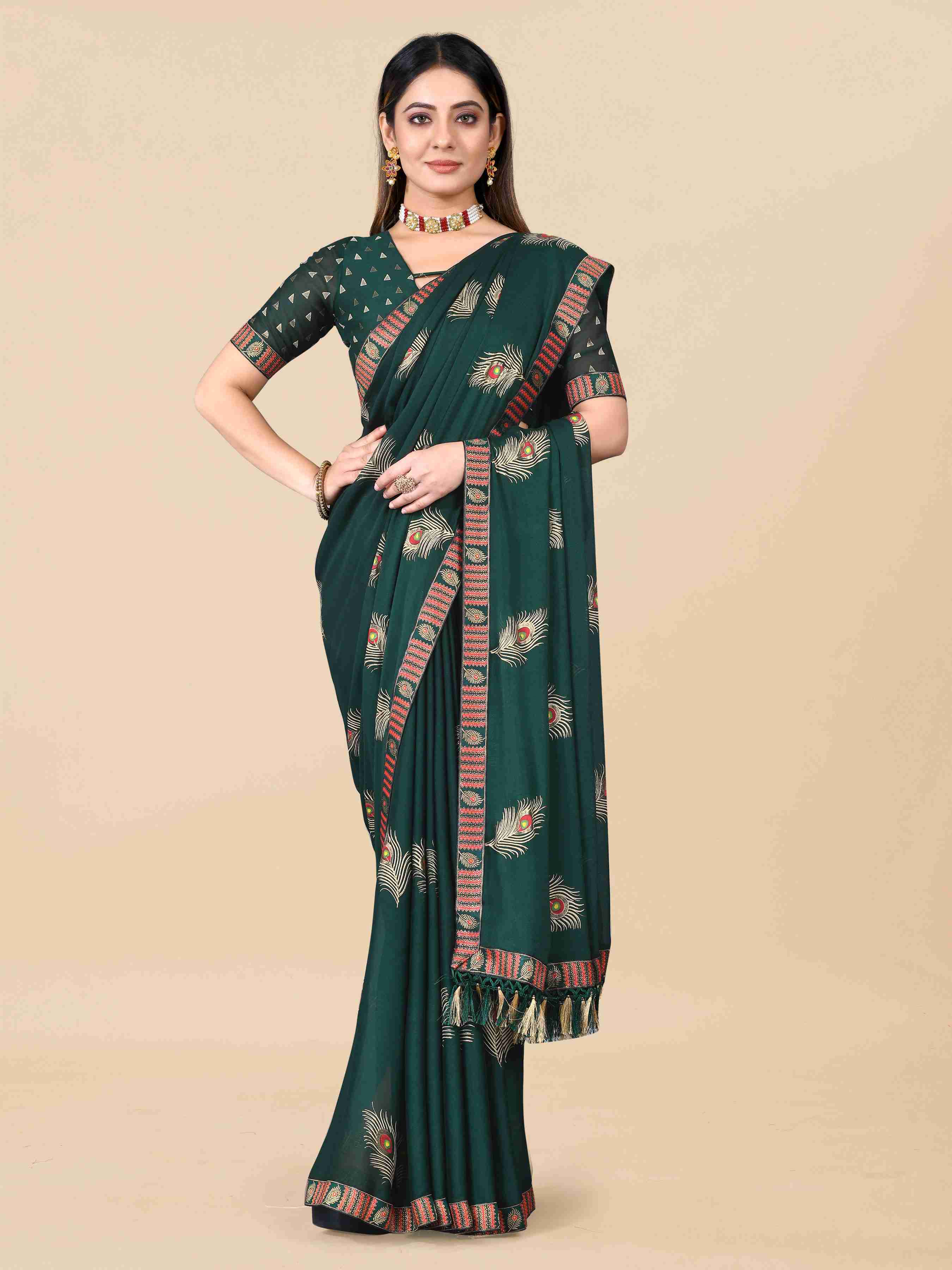 Women's Festive Wear Foil Printed Dark Green Georgette Saree With Blouse