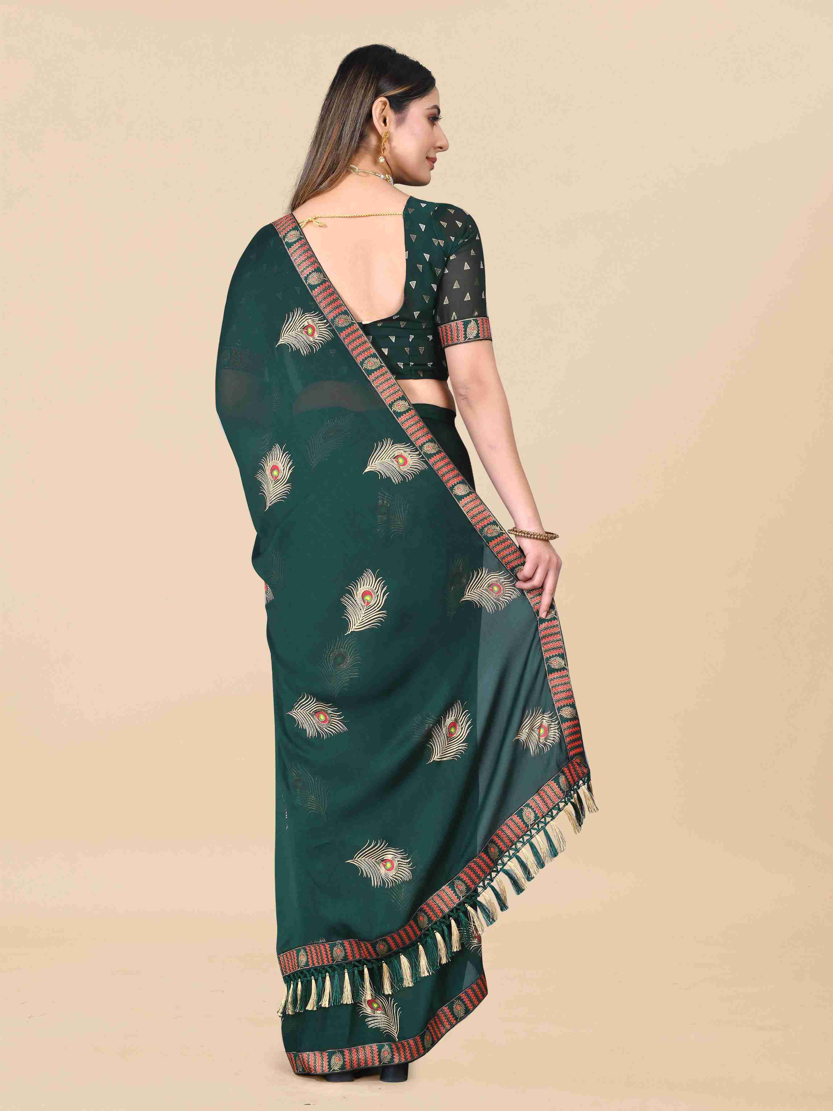 Women's Festive Wear Foil Printed Dark Green Georgette Saree With Blouse