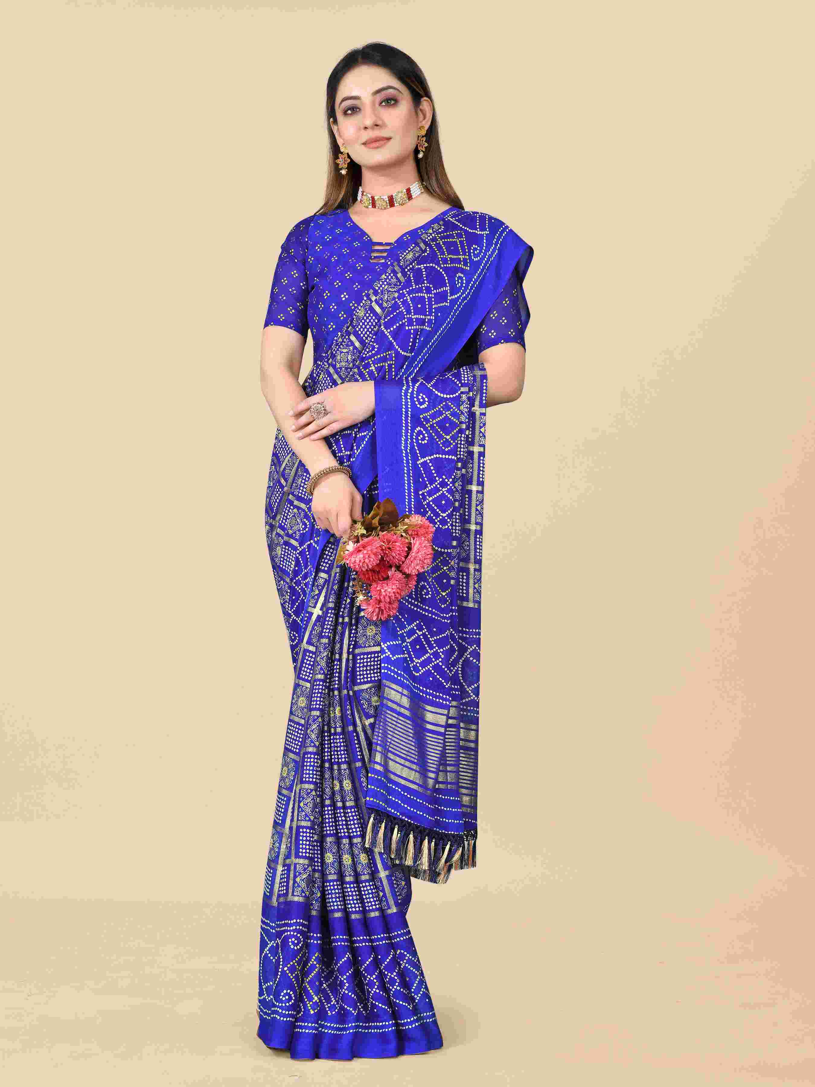 Women's Festive Wear Bandhani Printed Blue Chiffon Saree With Blouse