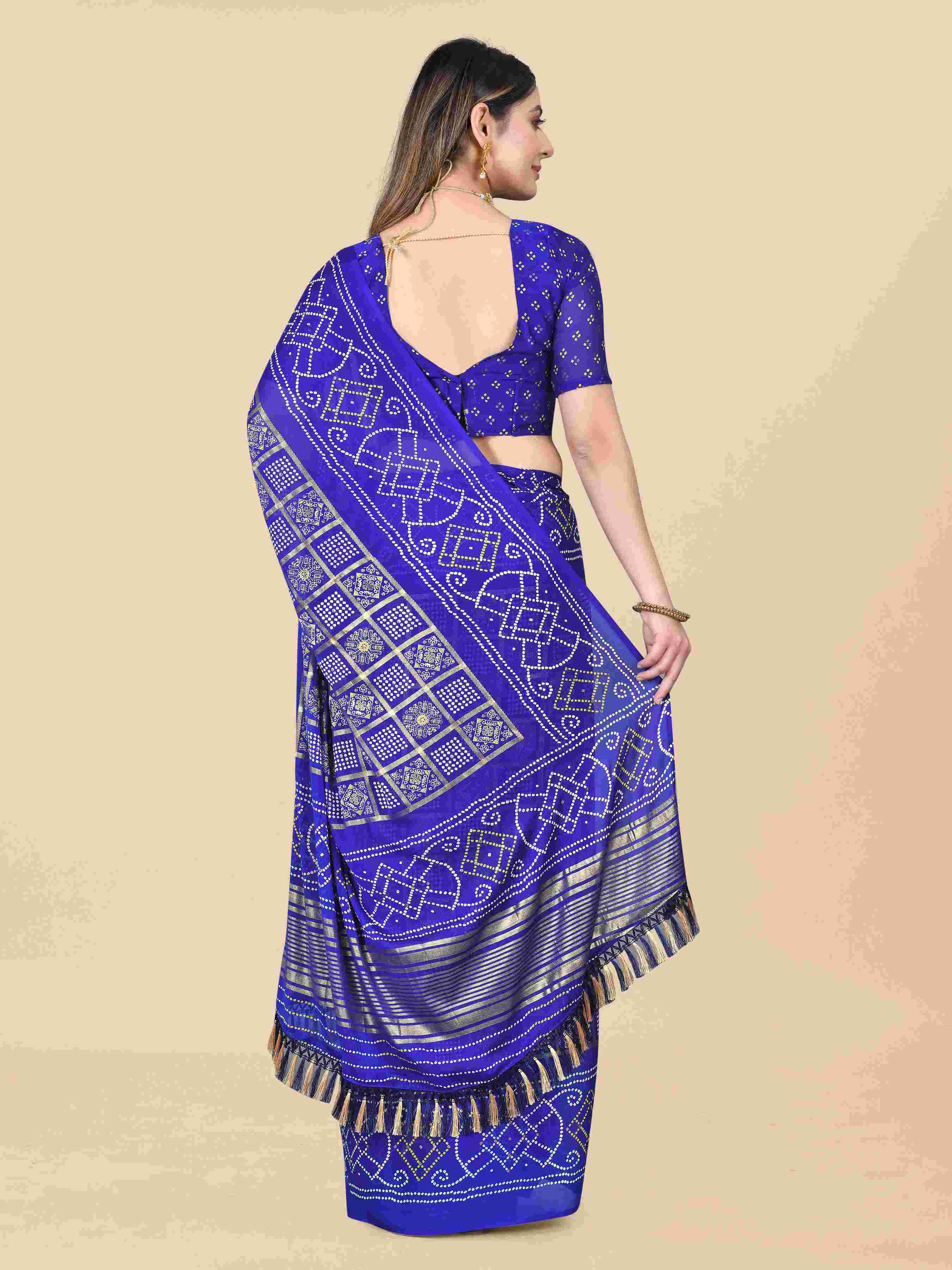 Women's Festive Wear Bandhani Printed Blue Chiffon Saree With Blouse