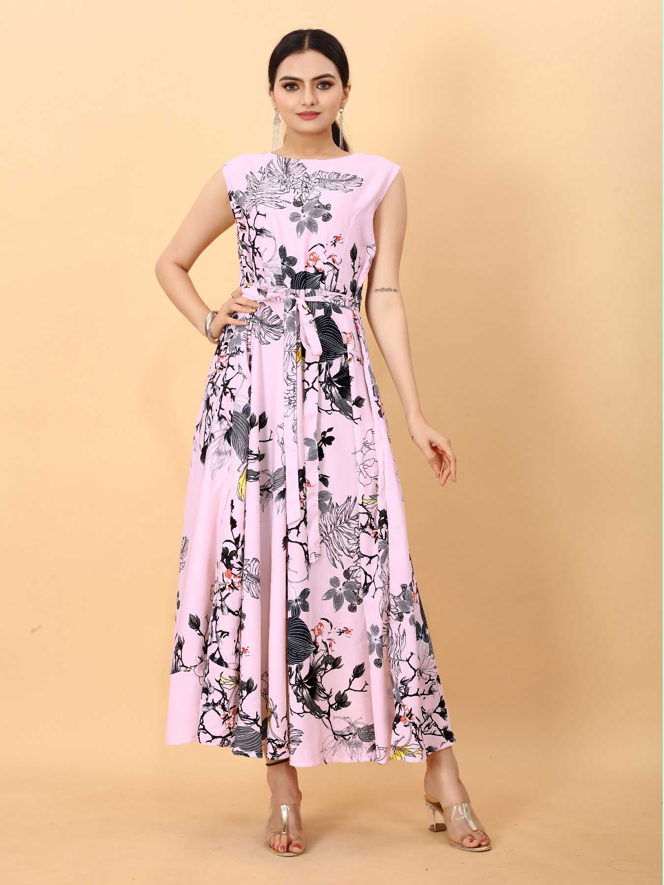 Women's A-Line Flared Maxi Gown with Pocket and Belt - Pink