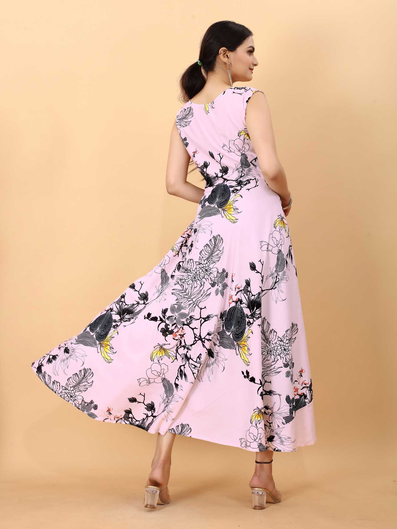 Women's A-Line Flared Maxi Gown with Pocket and Belt - Pink