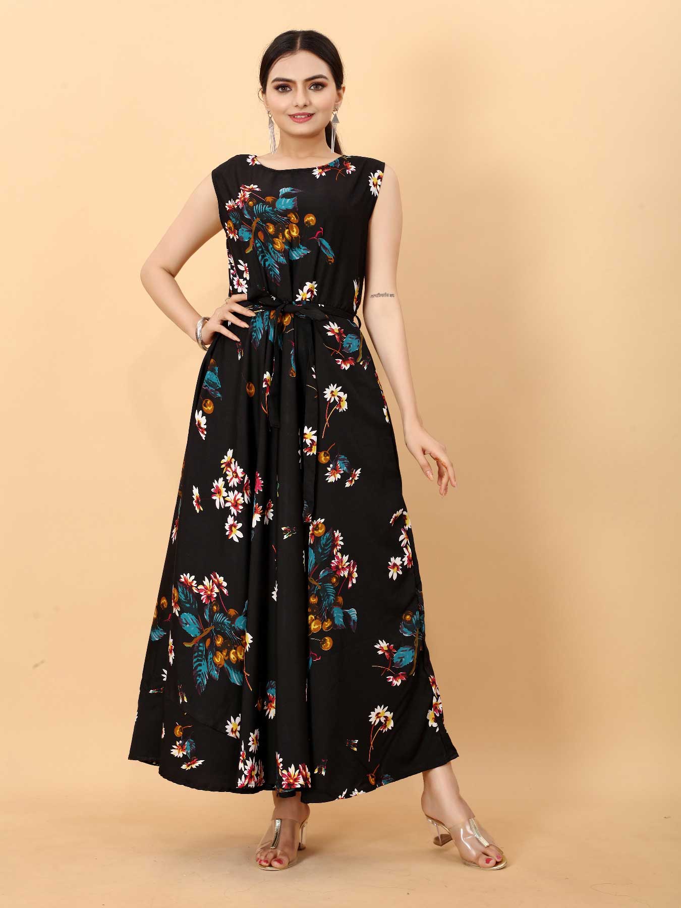 Women's A-Line Flared Maxi Gown with Pocket and Belt - Black