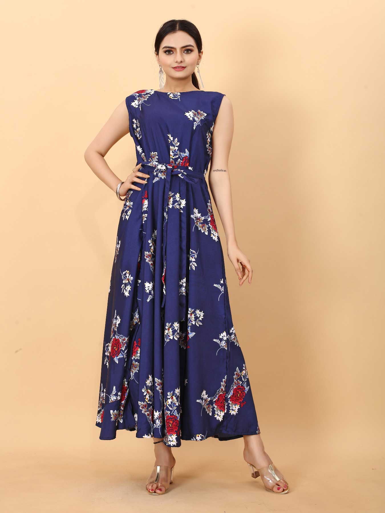 Women's A-Line Flared Maxi Gown with Pocket and Belt - Navy Blue