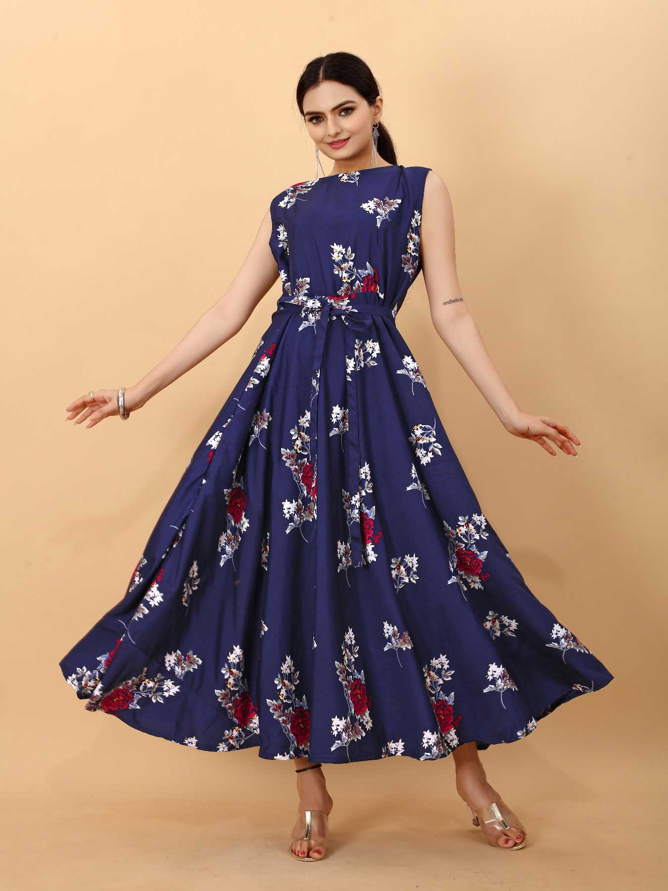 Women's A-Line Flared Maxi Gown with Pocket and Belt - Navy Blue