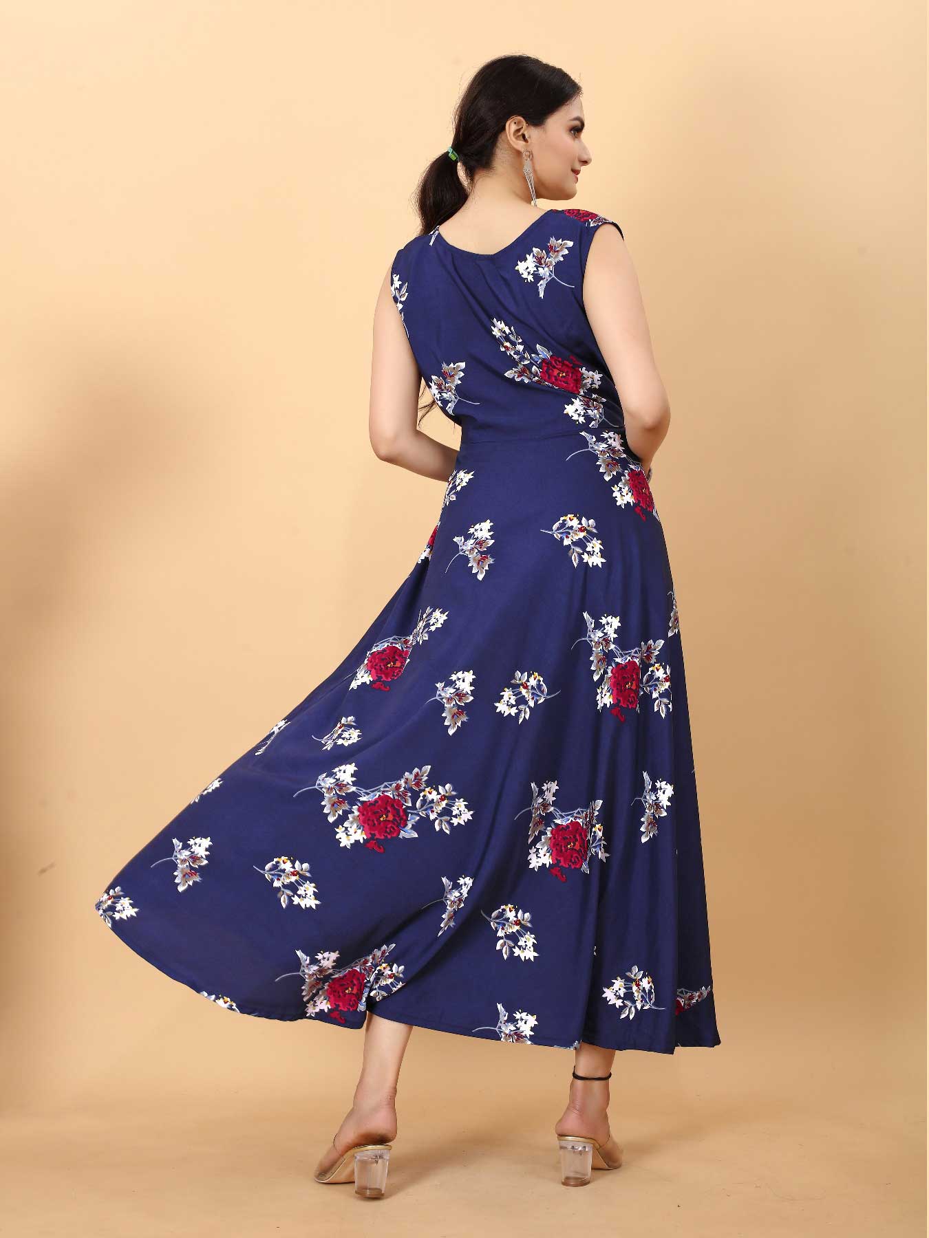 Women's A-Line Flared Maxi Gown with Pocket and Belt - Navy Blue