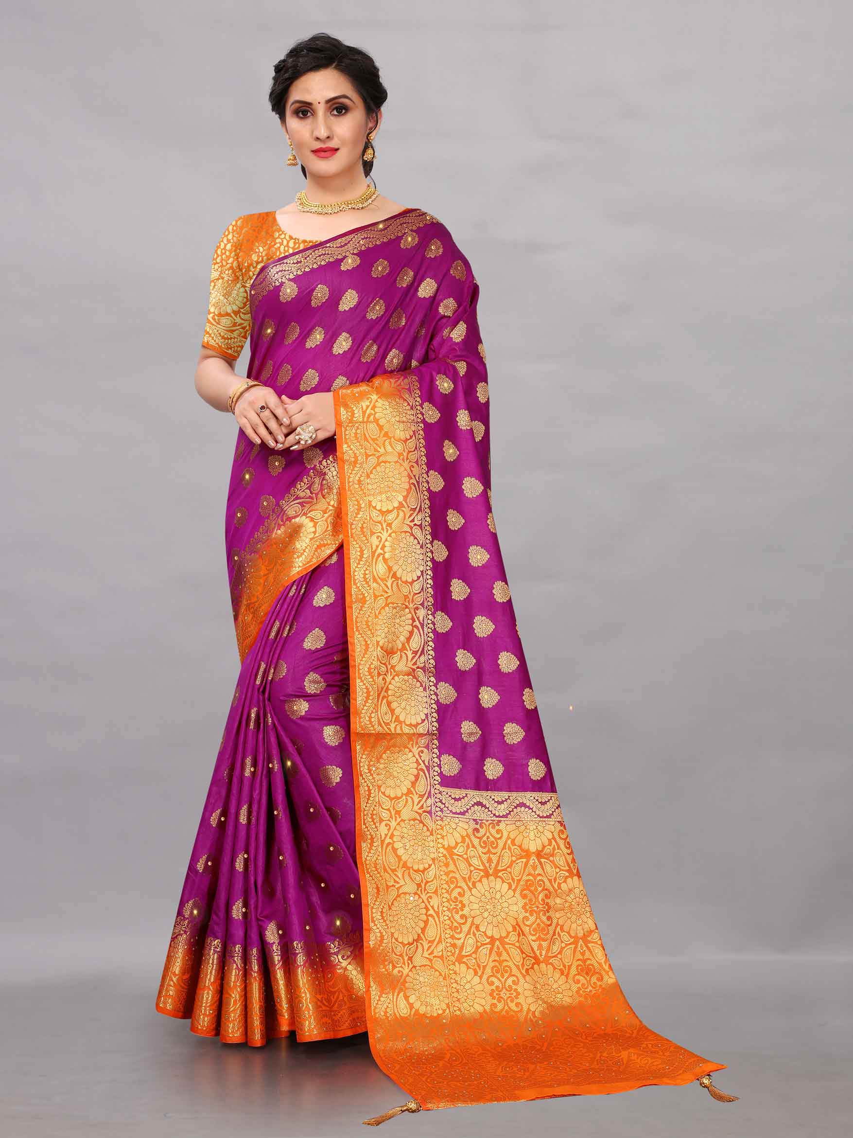 Women's Traditinal Style Stone & Tassels Work Purple Kanchipuram Pure Silk Saree