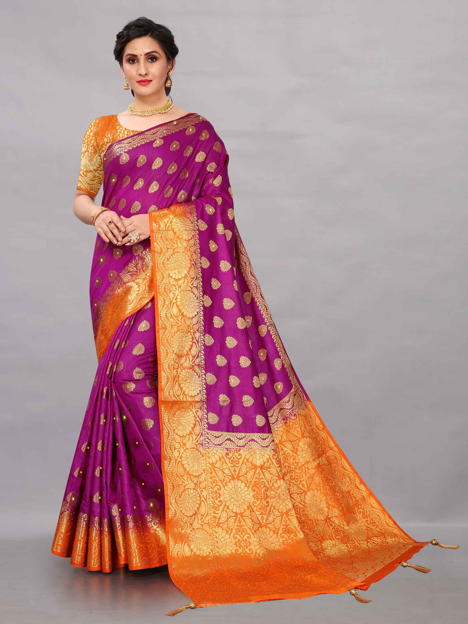 Women's Traditinal Style Stone & Tassels Work Purple Kanchipuram Pure Silk Saree