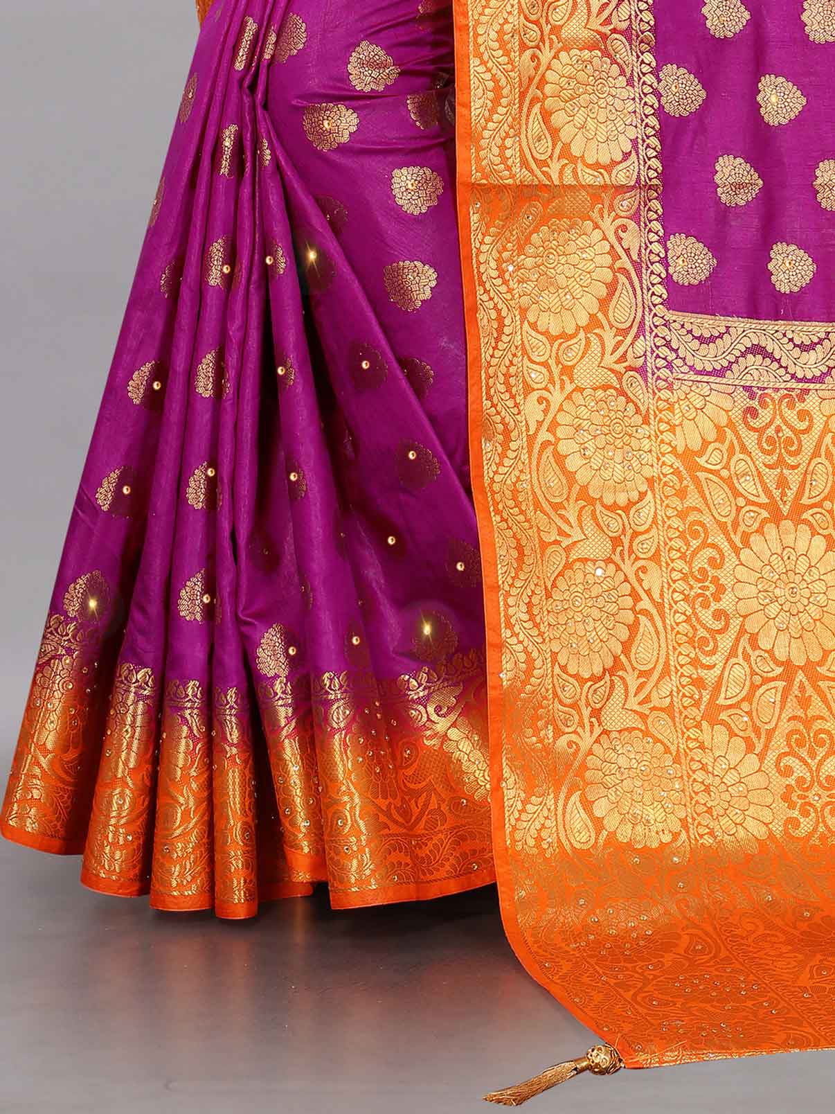 Women's Traditinal Style Stone & Tassels Work Purple Kanchipuram Pure Silk Saree