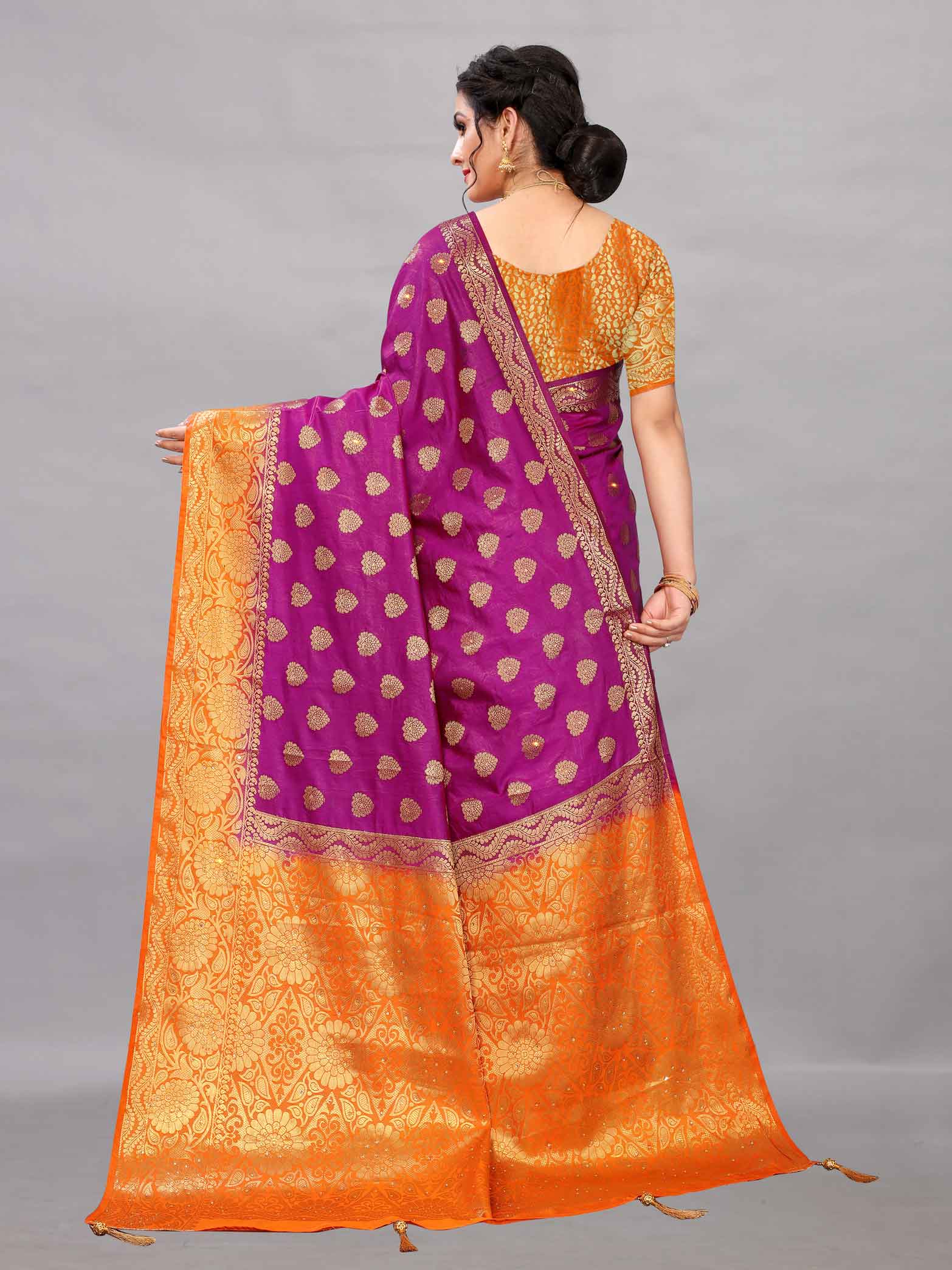 Women's Traditinal Style Stone & Tassels Work Purple Kanchipuram Pure Silk Saree