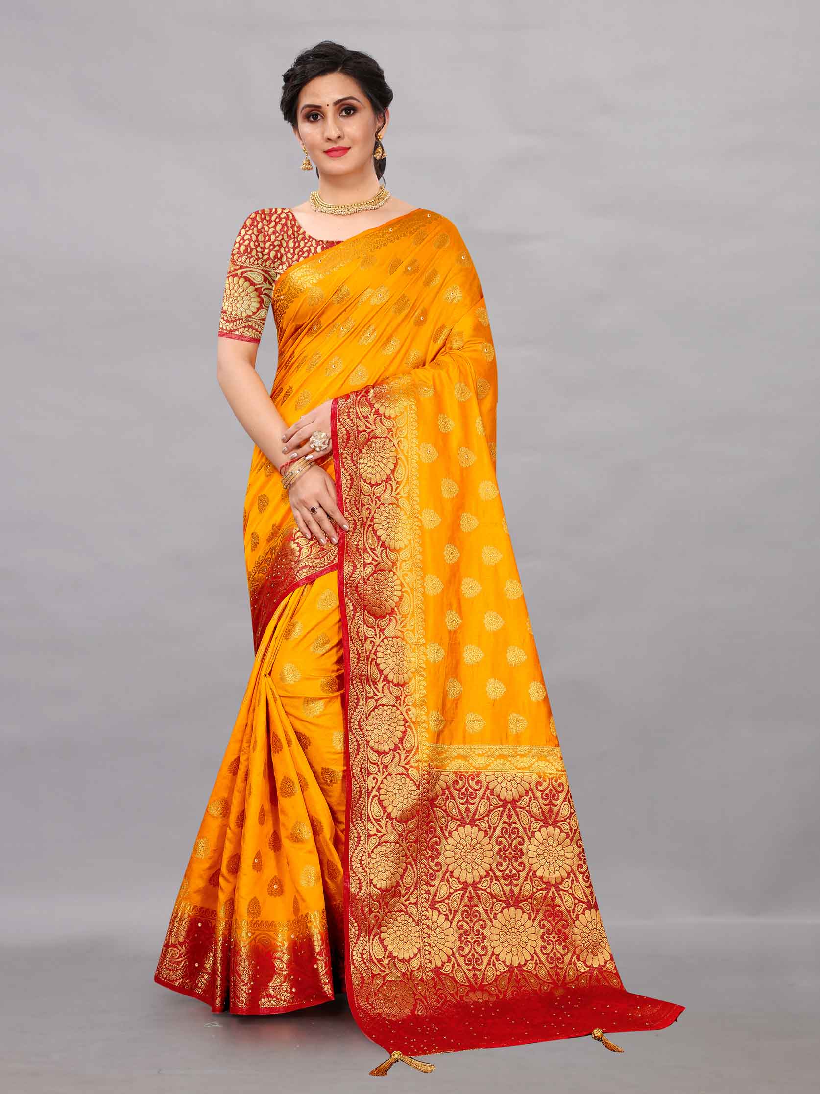 Women's Traditinal Style Stone & Tassels Work Yellow Kanchipuram Pure Silk Saree