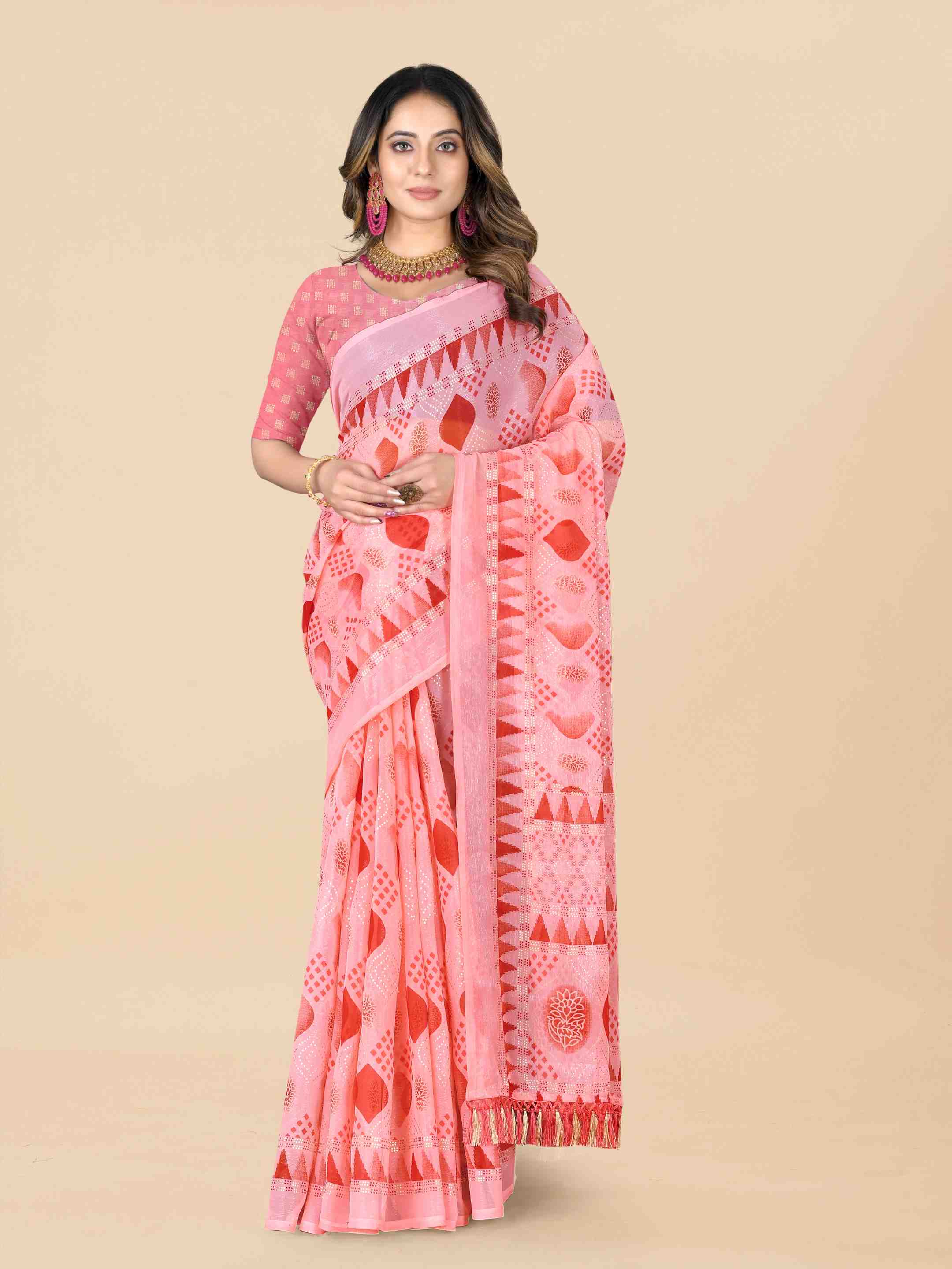 Women's Floral Printed Party Wear Red Chiffon Saree With Blouse