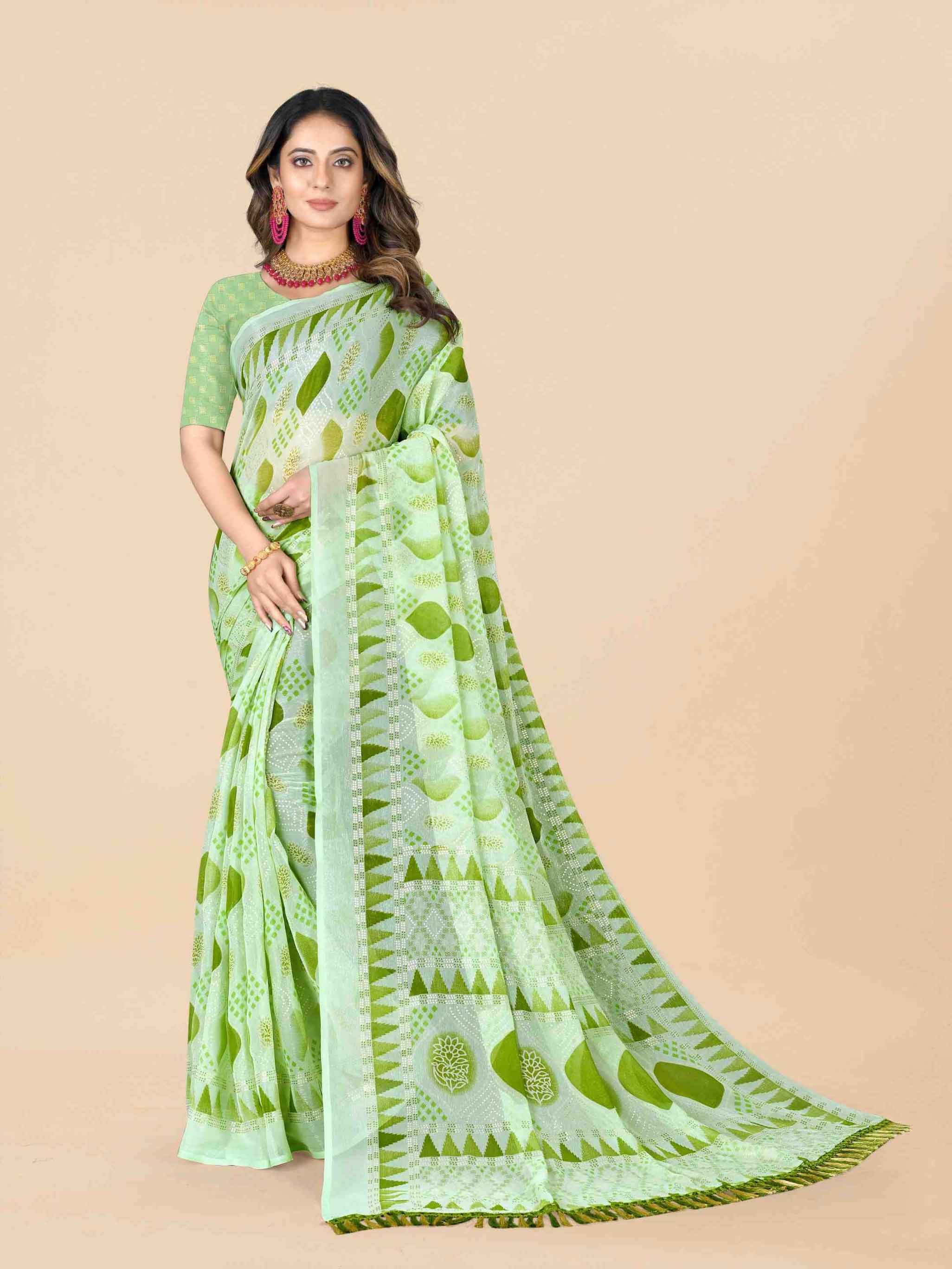 Women's Floral Printed Party Wear Green Chiffon Saree With Blouse