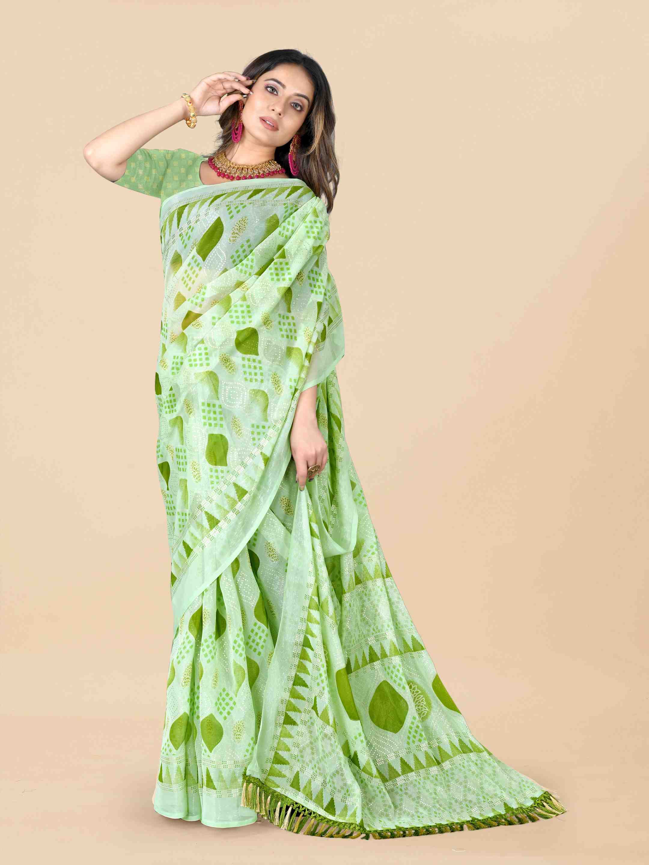 Women's Floral Printed Party Wear Green Chiffon Saree With Blouse