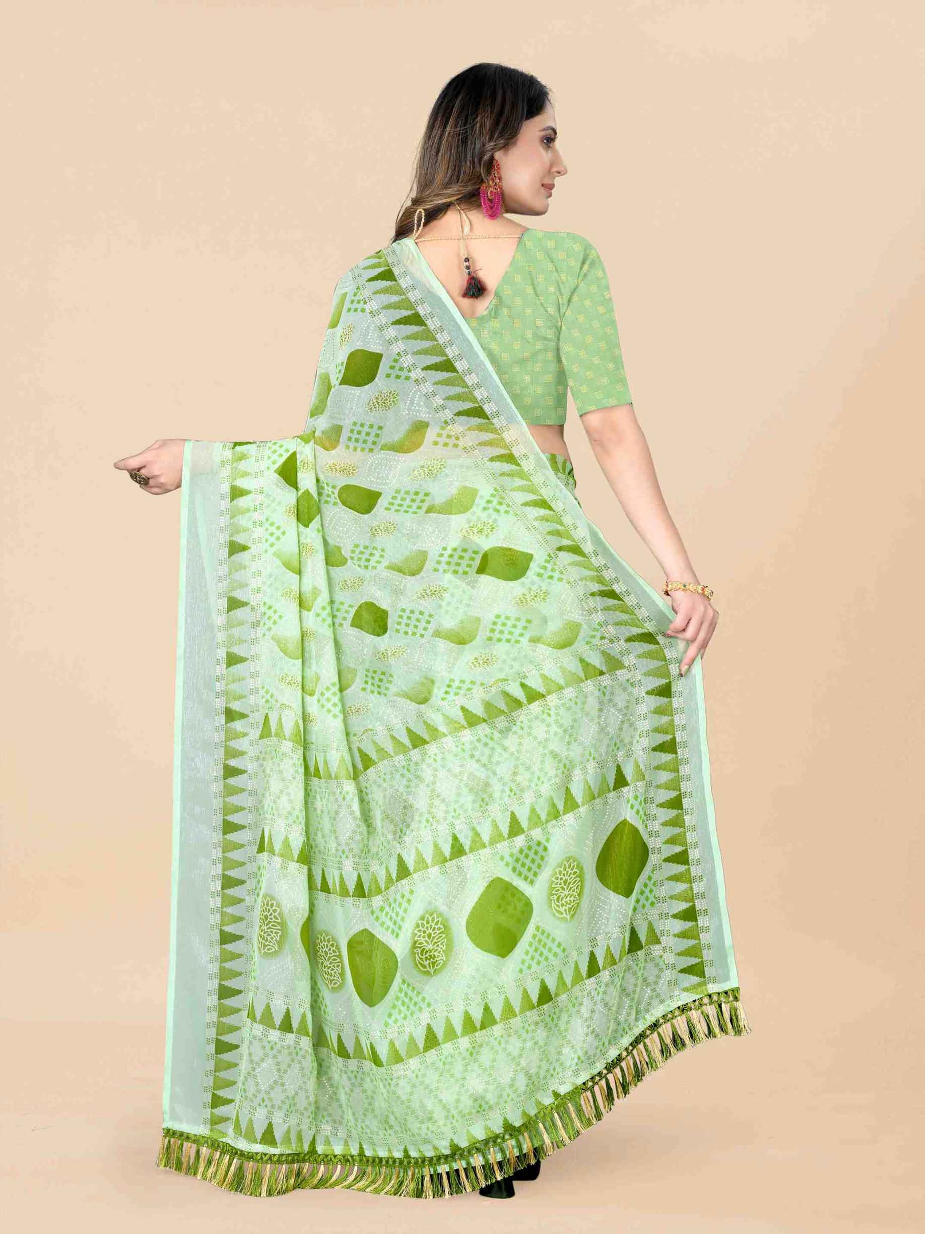 Women's Floral Printed Party Wear Green Chiffon Saree With Blouse