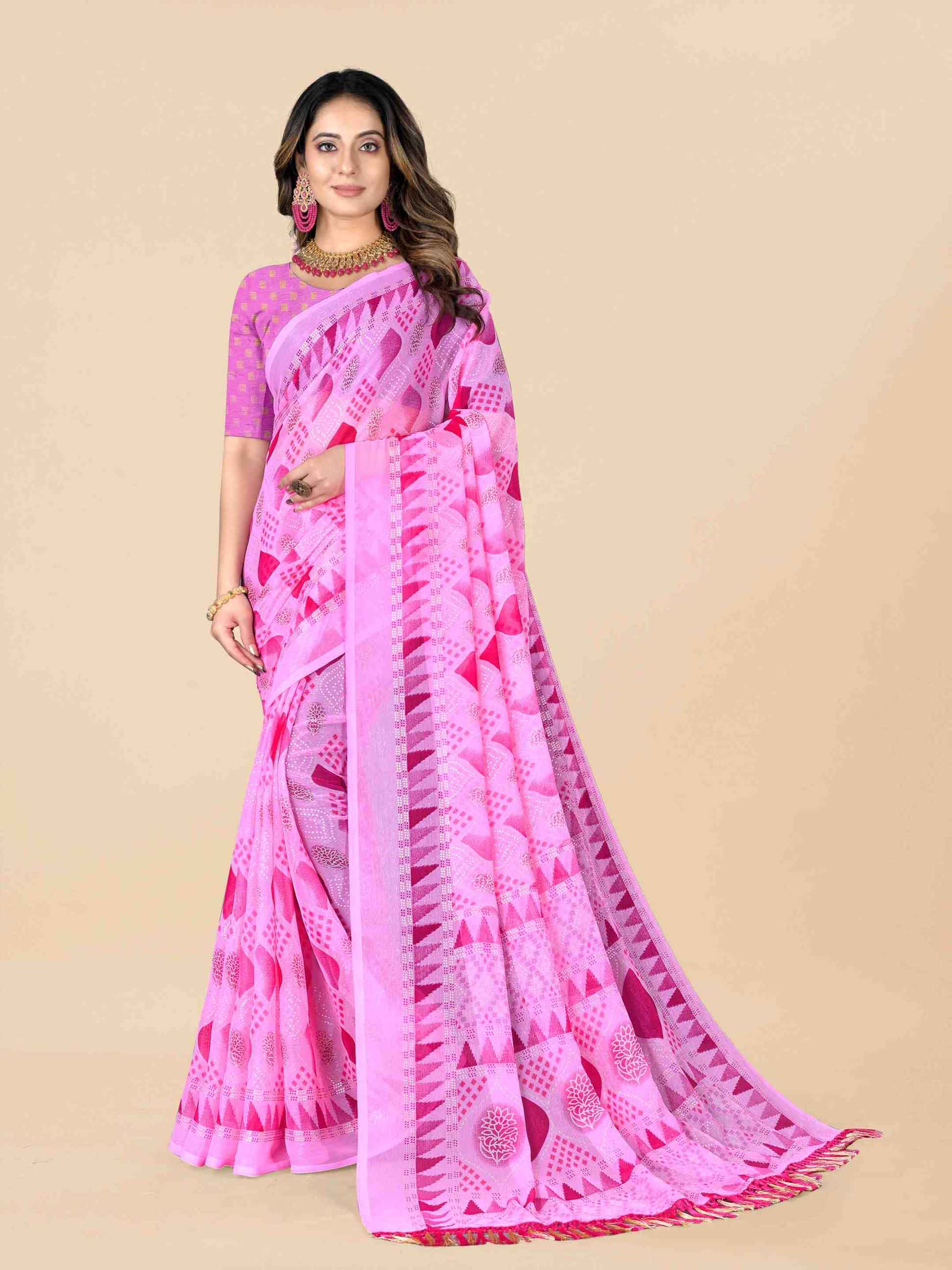 Women's Floral Printed Party Wear Pink Chiffon Saree With Blouse