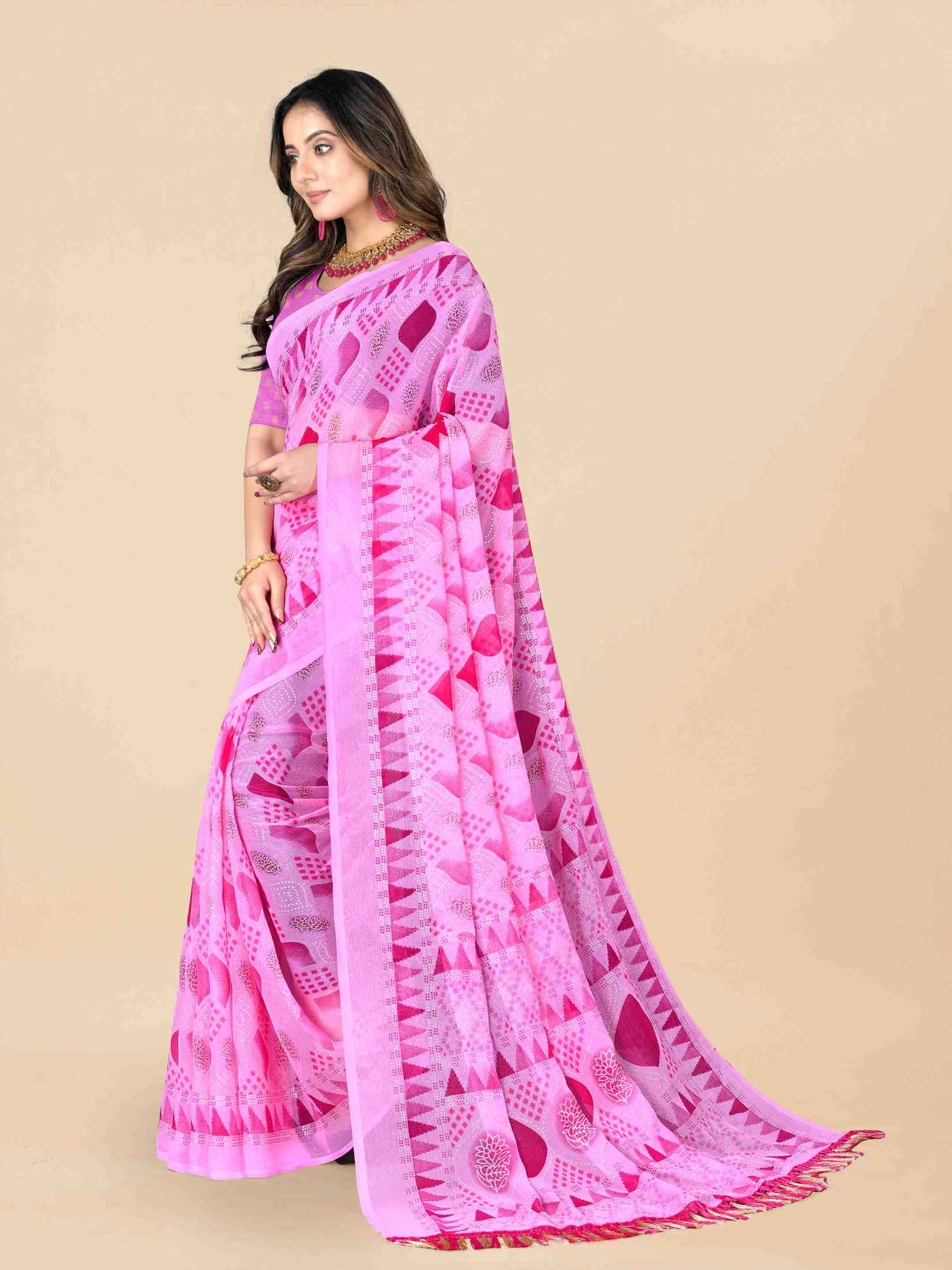 Women's Floral Printed Party Wear Pink Chiffon Saree With Blouse