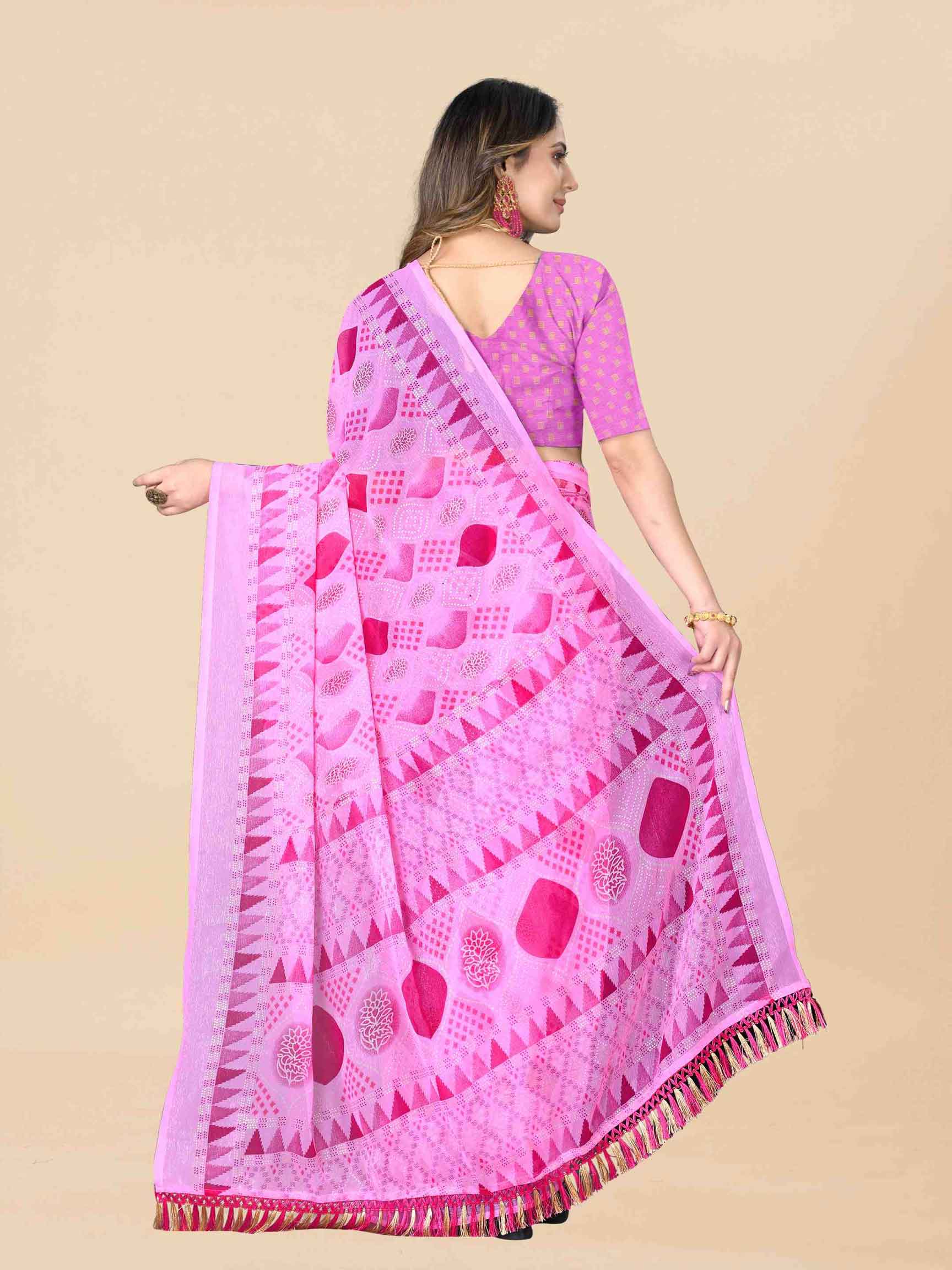 Women's Floral Printed Party Wear Pink Chiffon Saree With Blouse