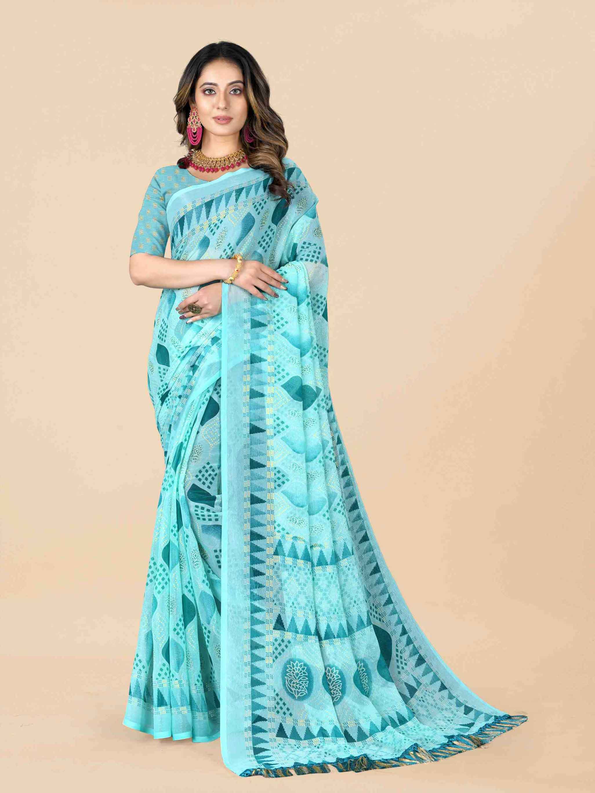 Women's Floral Printed Party Wear Sky Blue Chiffon Saree With Blouse