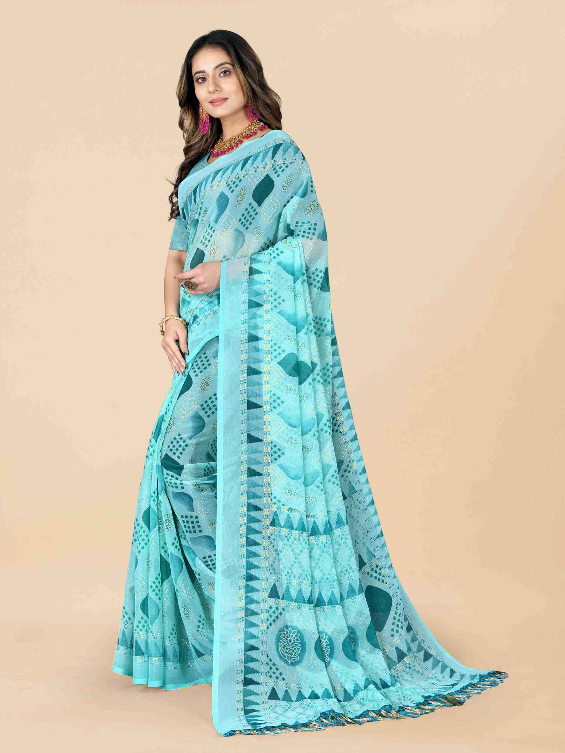 Women's Floral Printed Party Wear Sky Blue Chiffon Saree With Blouse