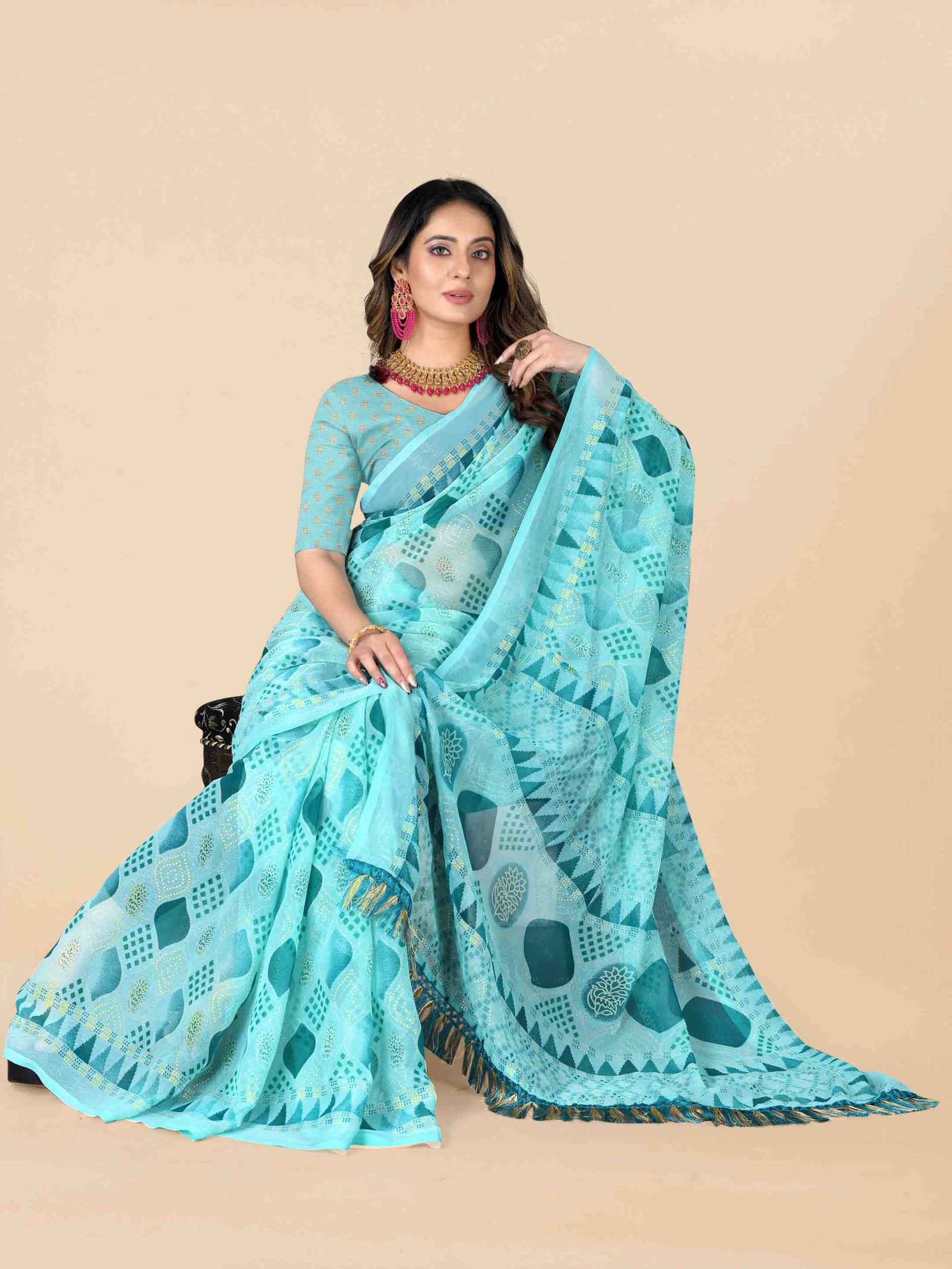 Women's Floral Printed Party Wear Sky Blue Chiffon Saree With Blouse