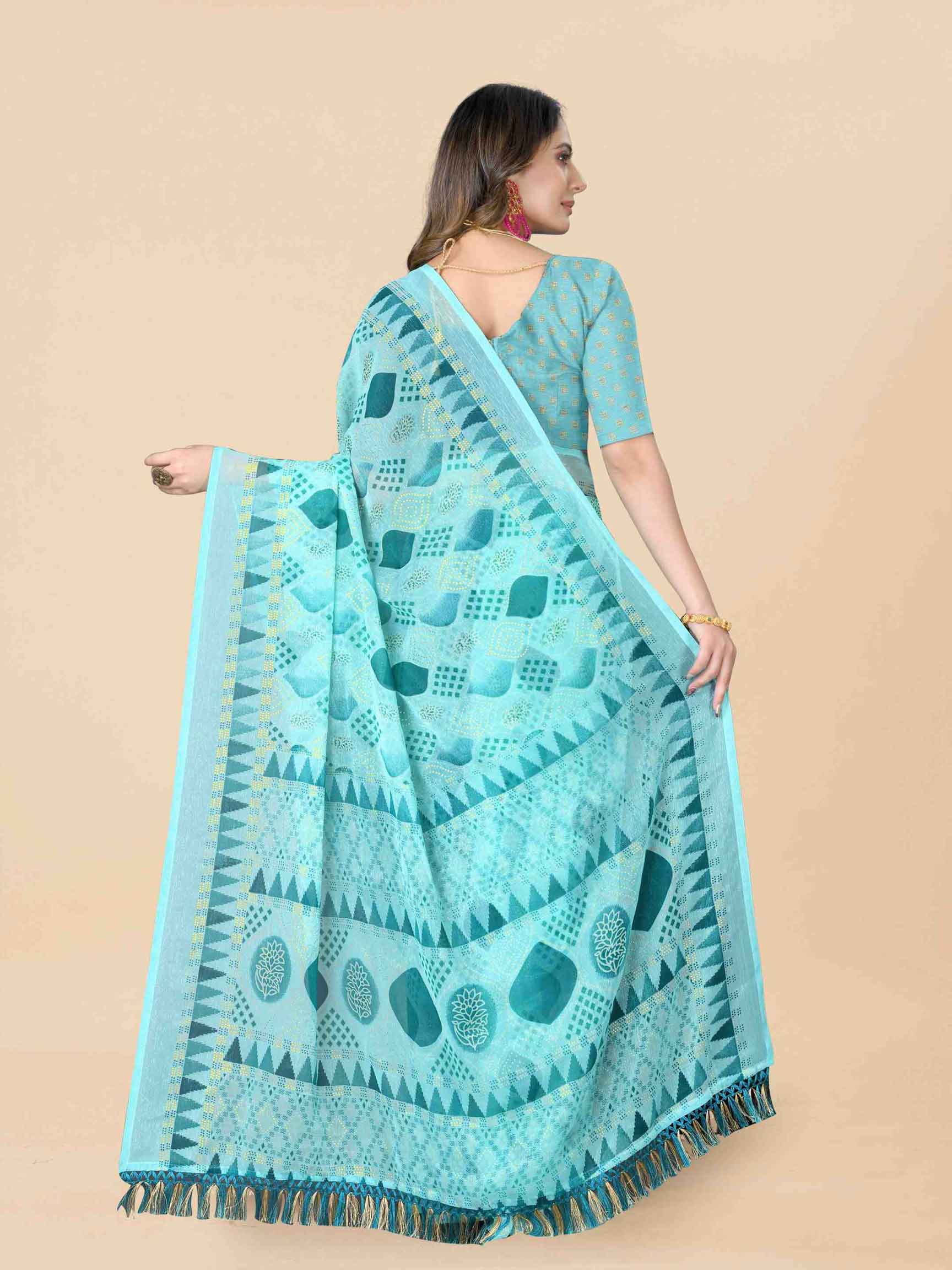 Women's Floral Printed Party Wear Sky Blue Chiffon Saree With Blouse