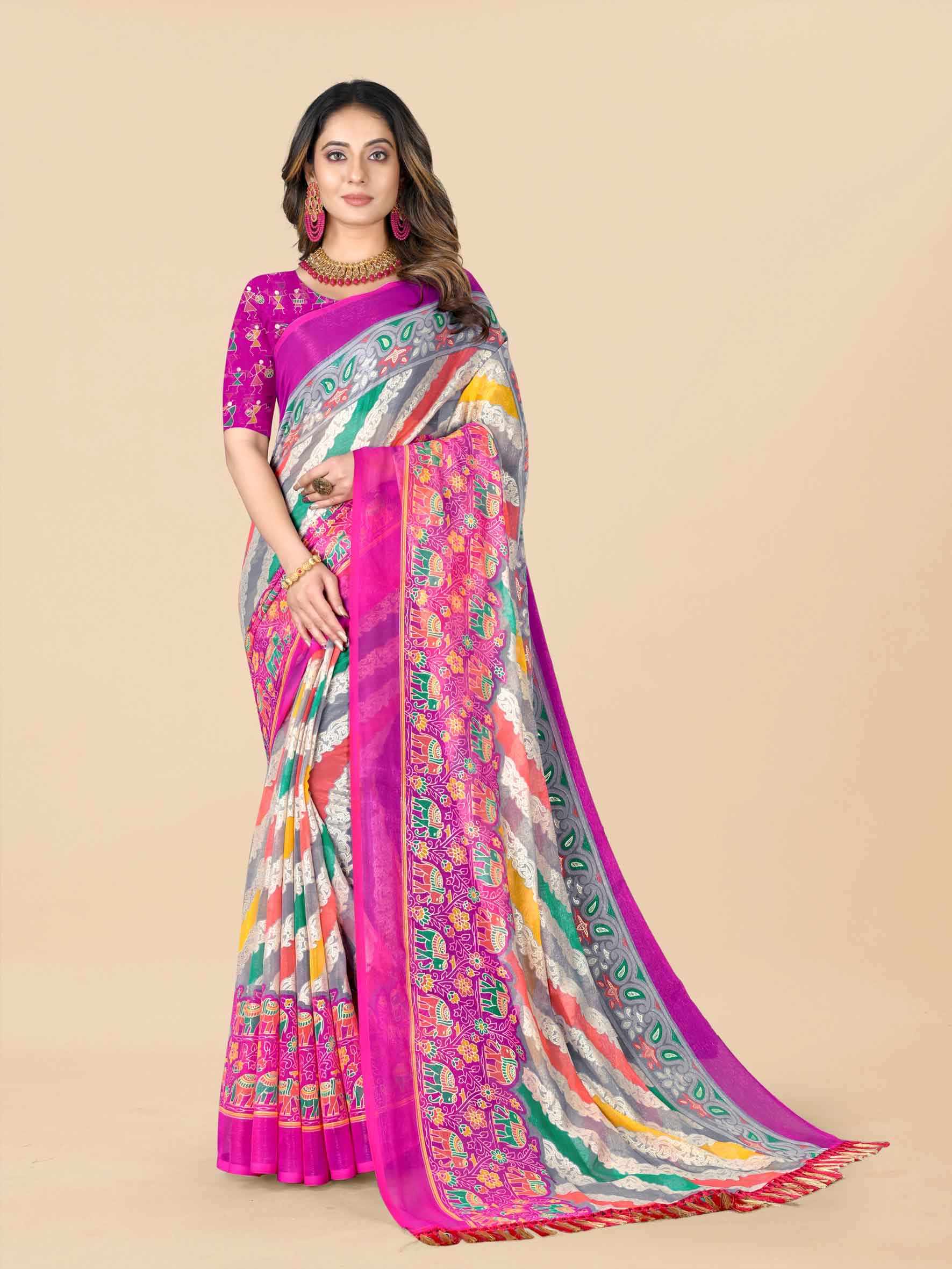 Women's Floral Printed Party Wear Pink Chiffon Saree With Blouse