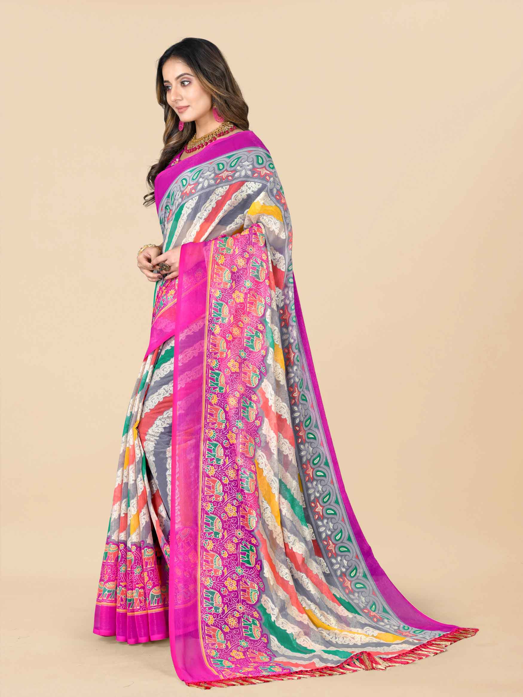 Women's Floral Printed Party Wear Pink Chiffon Saree With Blouse