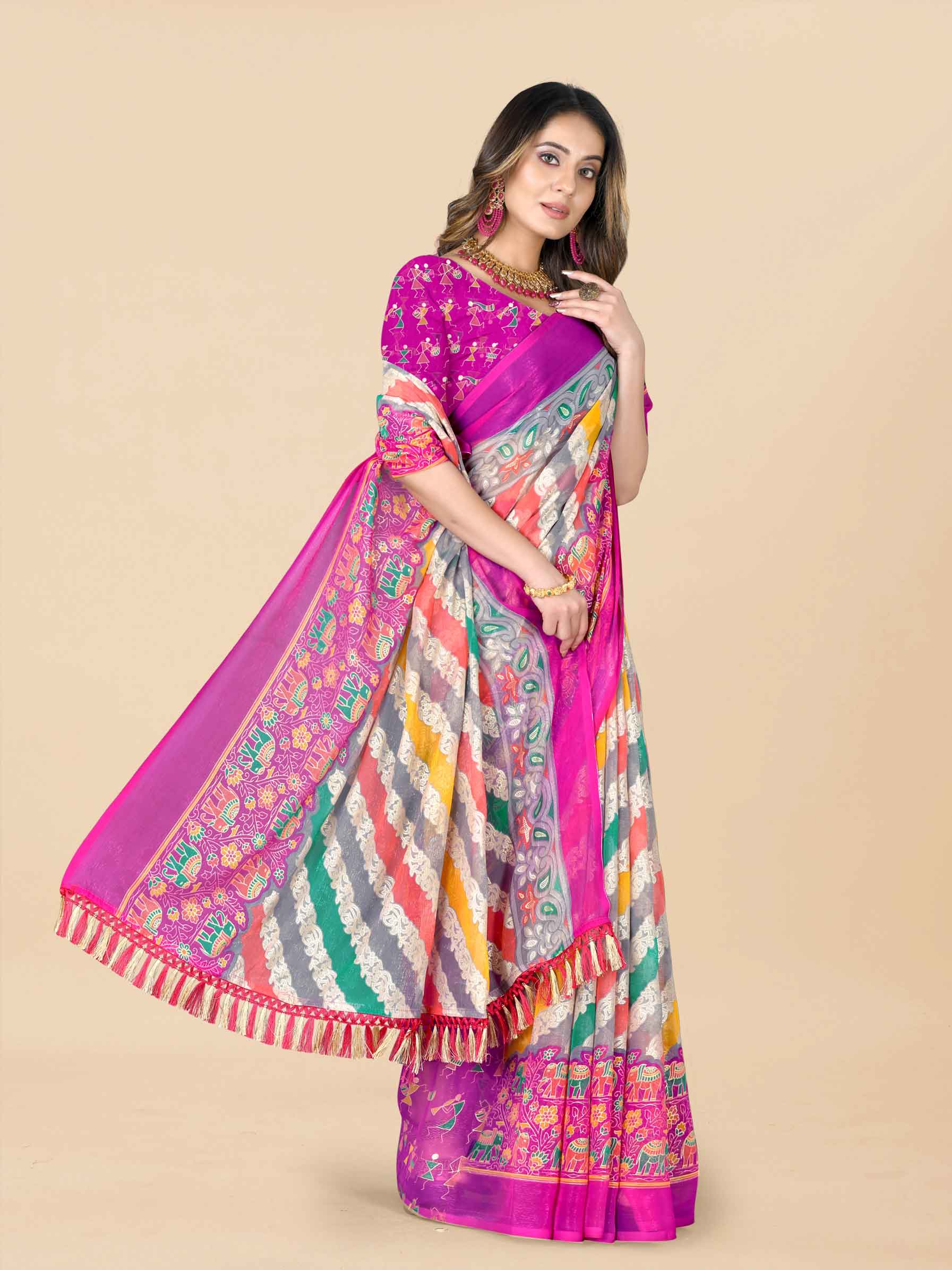 Women's Floral Printed Party Wear Pink Chiffon Saree With Blouse