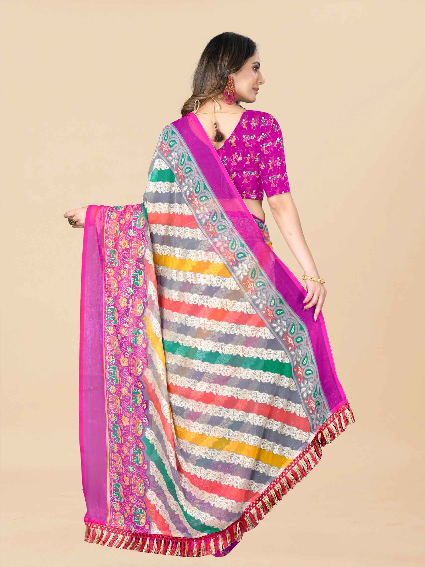 Women's Floral Printed Party Wear Pink Chiffon Saree With Blouse