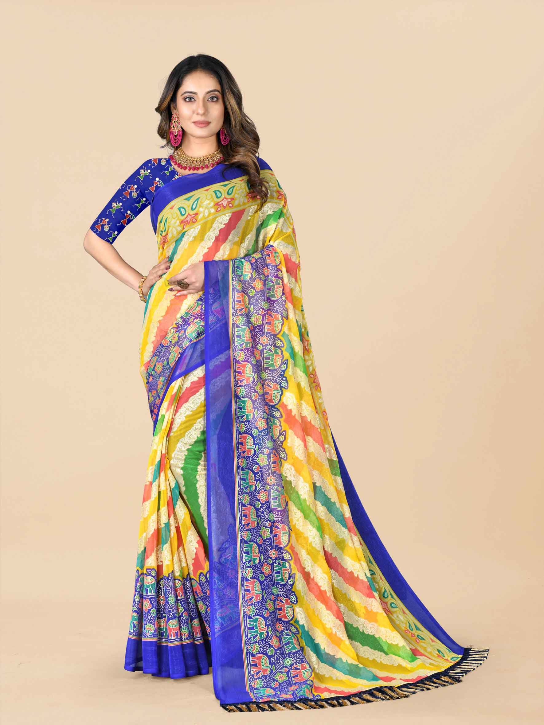 Women's Floral Printed Party Wear Blue Chiffon Saree With Blouse