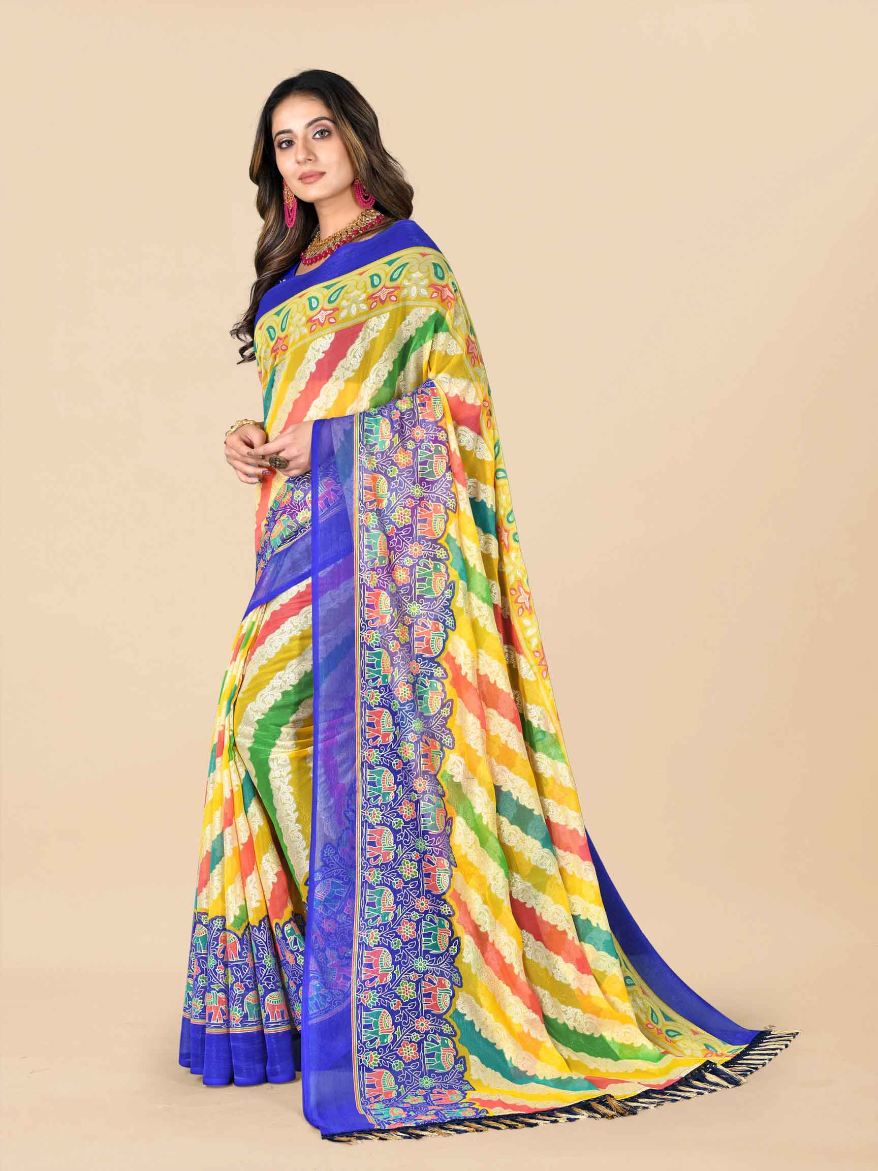 Women's Floral Printed Party Wear Blue Chiffon Saree With Blouse