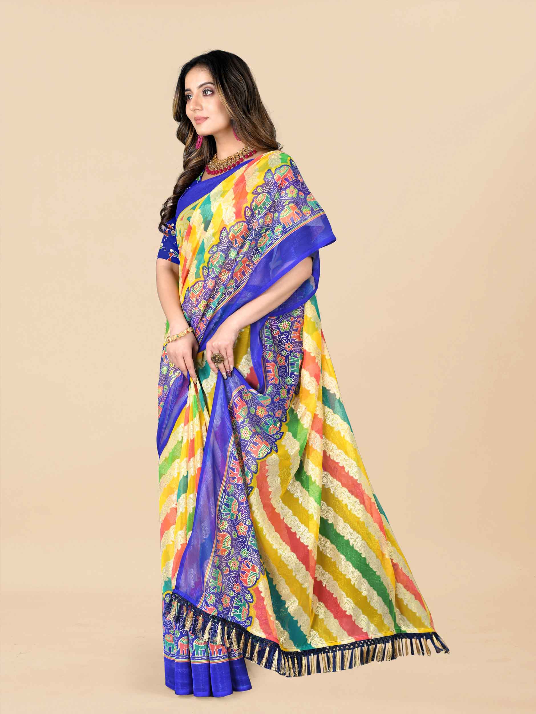 Women's Floral Printed Party Wear Blue Chiffon Saree With Blouse